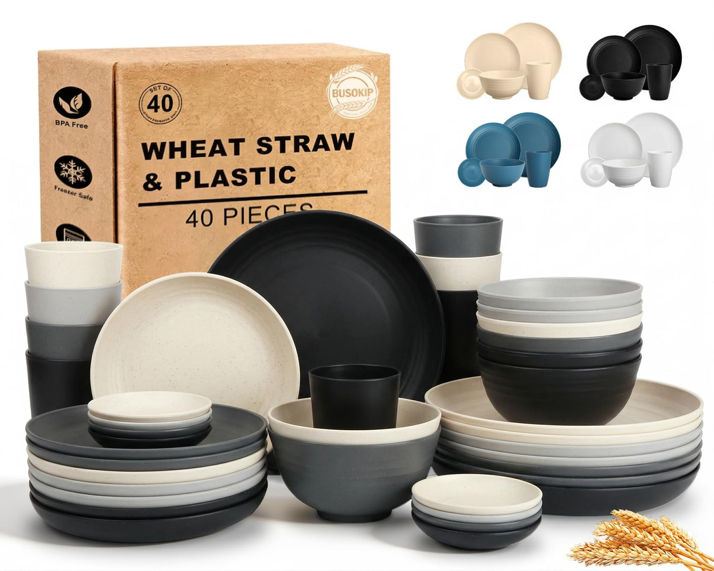 Wheat Straw Dinnerware Sets 40 Piece, Kitchen Plates and Bowls Set, Unbreakable Dishes Set for 8, Microwave and Dishwahser Safe Dishware Sets for Home, Camping, RV, Party - Multi