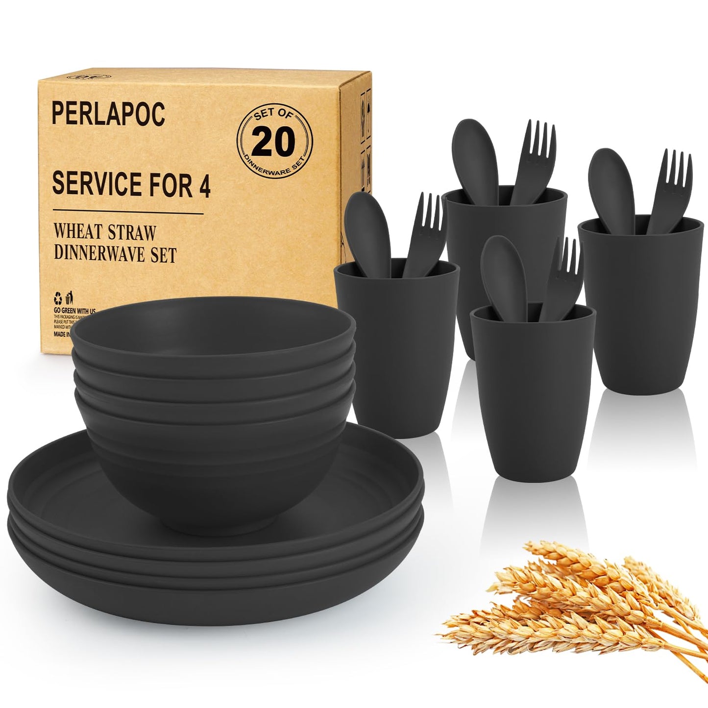 Wheat Straw Dinnerware Set 40 PCS - Service for 8 | Plates and Bowls Sets | Unbreakable Dishes Set - Dinner Plates, Dessert Plate, Cereal Bowls, Drinking Glasses, Dishwasher Safe - Multi