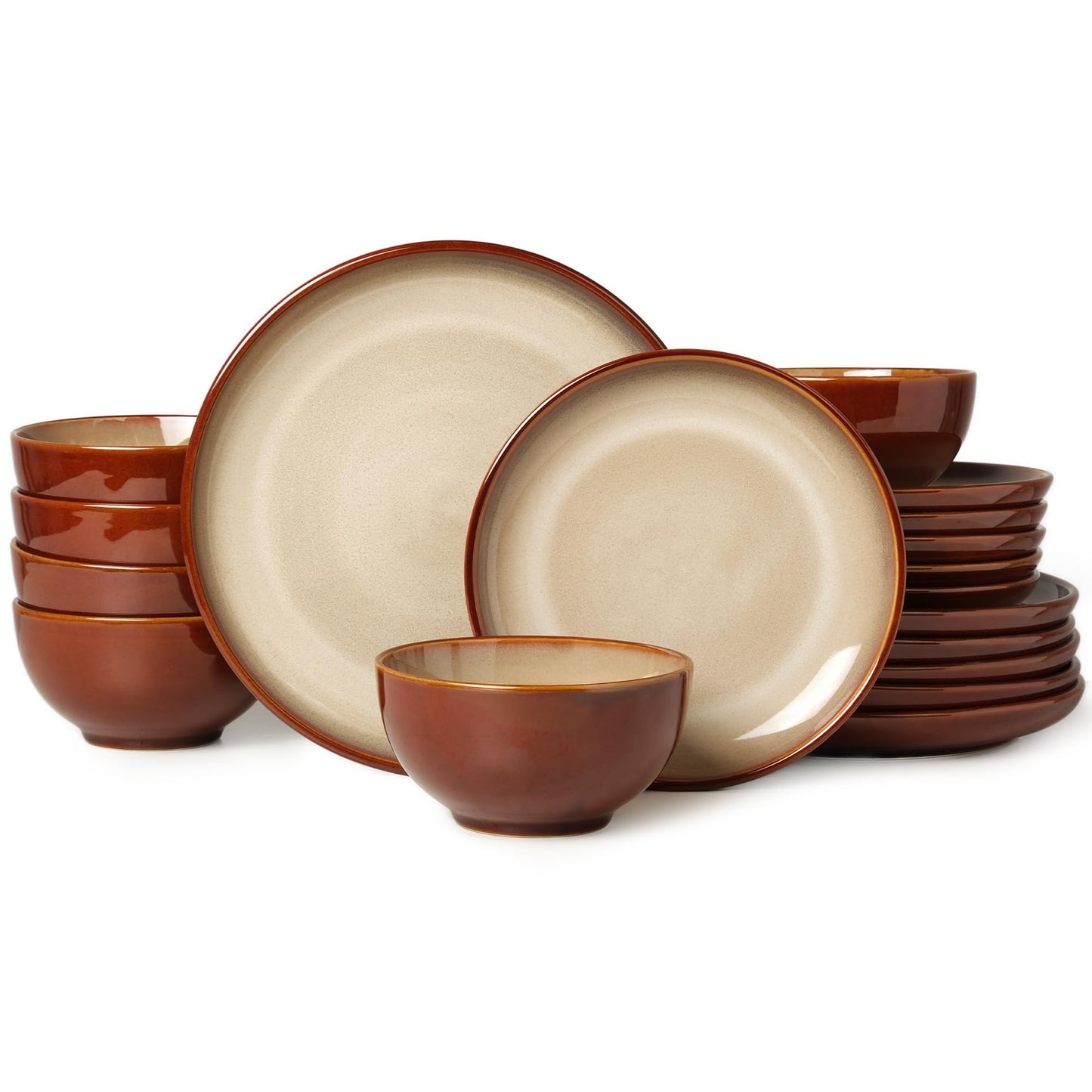 Pokini Stoneware Dinnerware Sets Service for 4, 12 pcs Reactive Glaze Plates and Bowls Sets, Handmade Ceramic Dish Set, Highly Chip and Crack Resistant Modern Plate Set, Brown Green