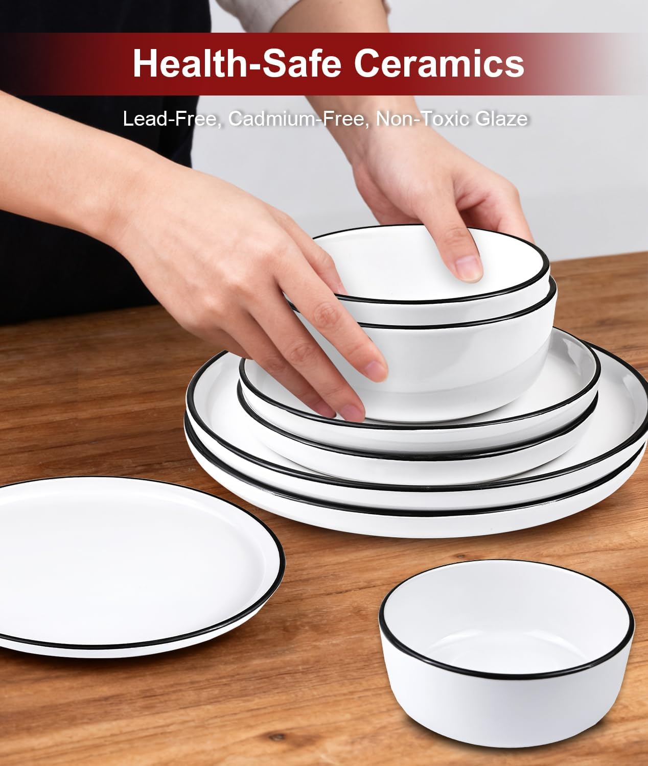 12 Pieces Ceramic Dinnerware set,Plates and Bowls Sets for 4,White Dinnerware Set for Kitchen, Modern Design Plate Sets with Black Rim, Microwave and Dishwasher Safe