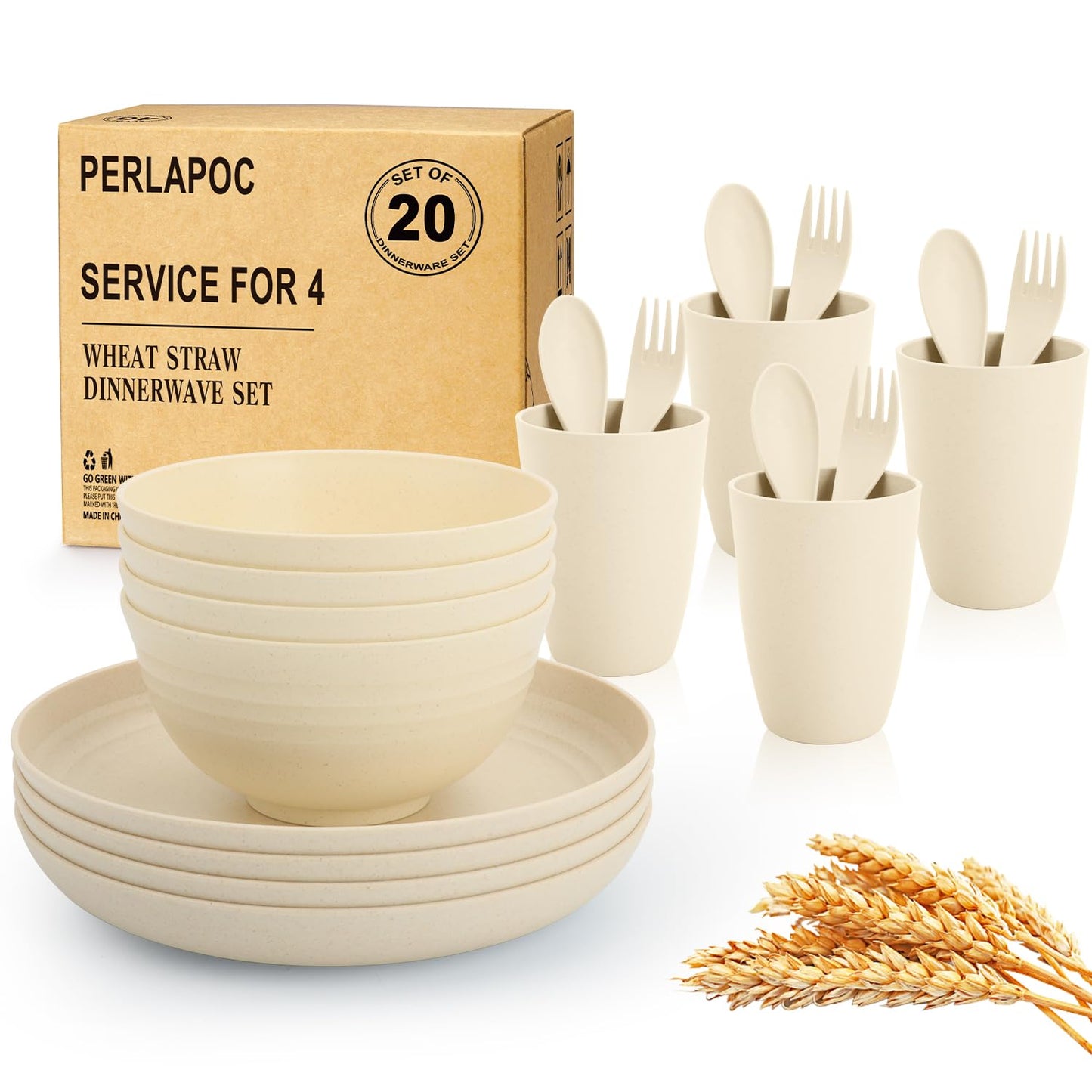 Wheat Straw Dinnerware Set 40 PCS - Service for 8 | Plates and Bowls Sets | Unbreakable Dishes Set - Dinner Plates, Dessert Plate, Cereal Bowls, Drinking Glasses, Dishwasher Safe - Multi