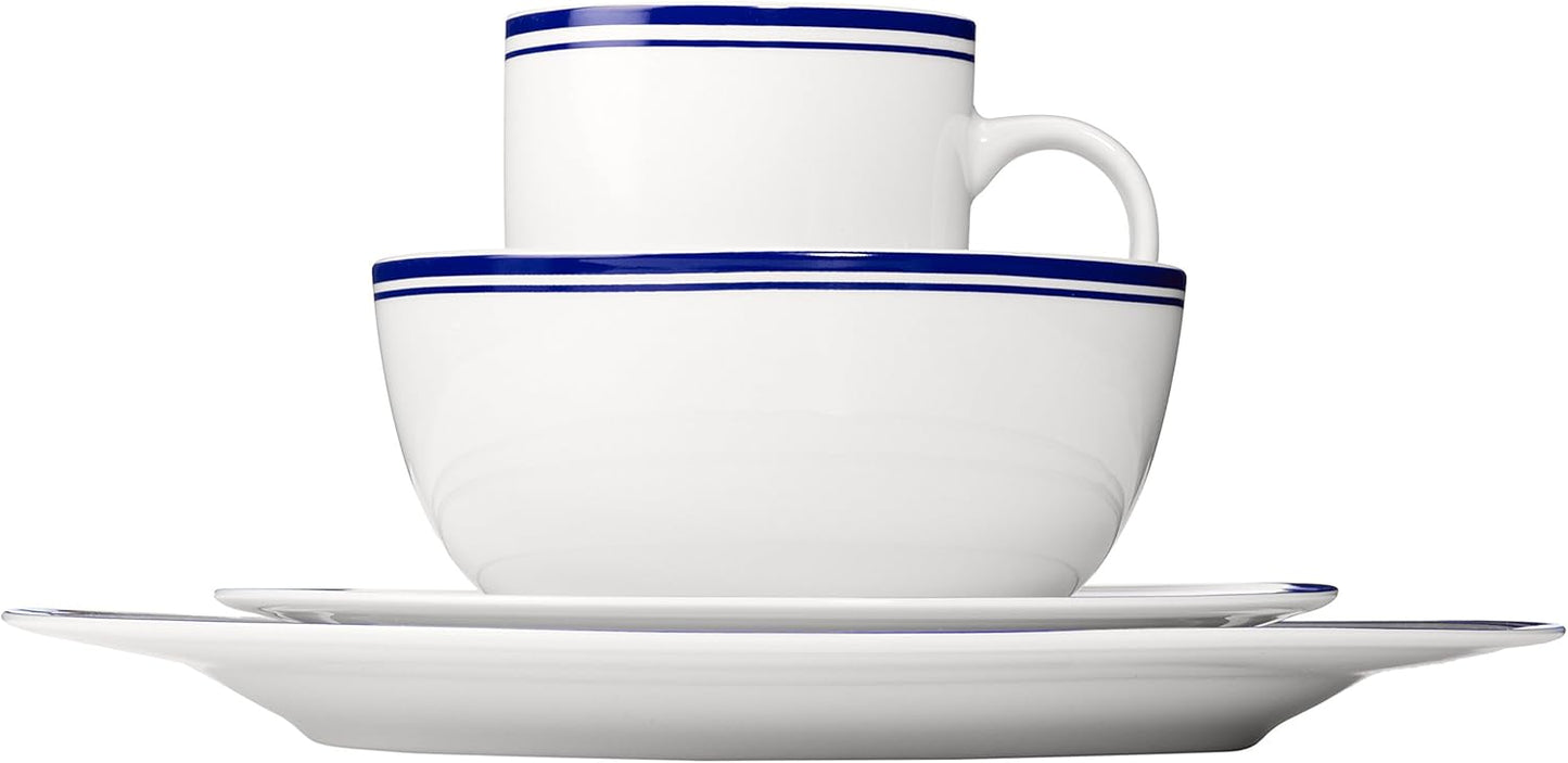 Amazon Basics 16-Piece Cafe Stripe Dinnerware Set, Microwave and Dishwasher Safe, Plates, Bowls, Mugs, Service for 4, Blue