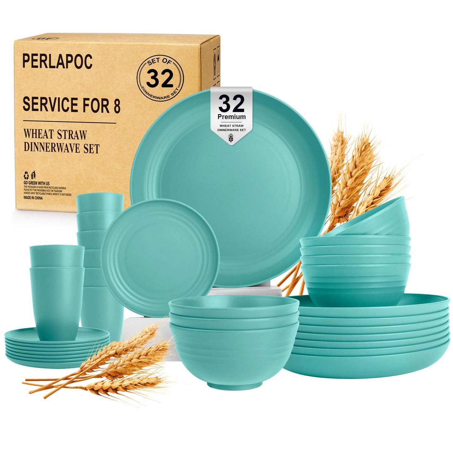 Wheat Straw Dinnerware Set 40 PCS - Service for 8 | Plates and Bowls Sets | Unbreakable Dishes Set - Dinner Plates, Dessert Plate, Cereal Bowls, Drinking Glasses, Dishwasher Safe - Multi