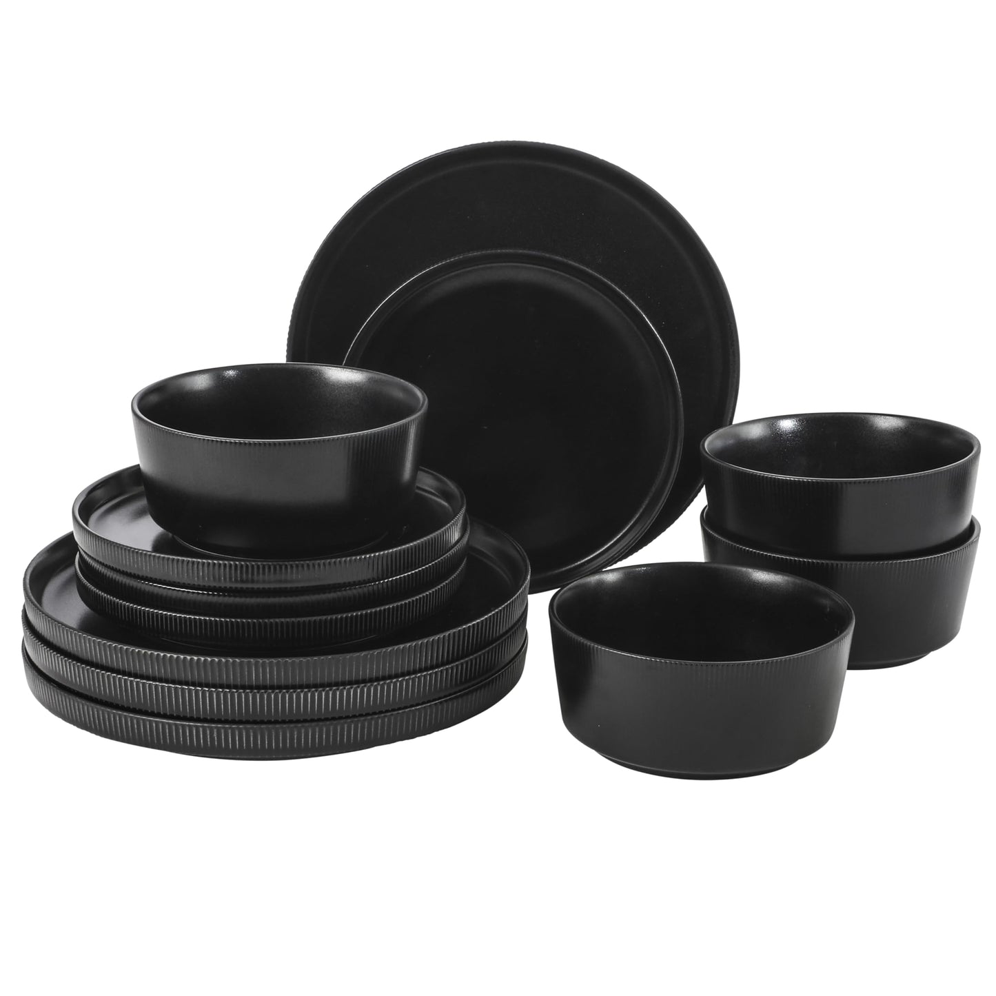 Gibson Home Rockaway 12-Piece Stoneware Dinnerware Set, Service for 4 – Modern Round Plates and Bowls, Dishwasher & Microwave Safe, Black
