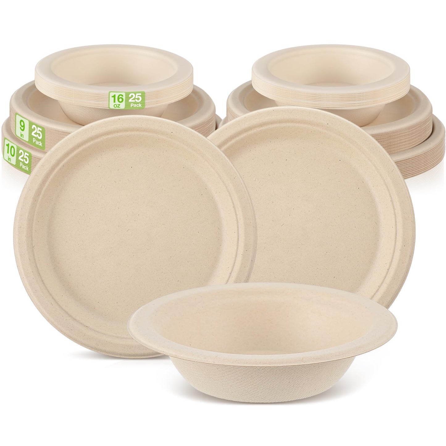 Havawish 150 Pcs Compostable Paper Plates and Bowls Set 7 Inch 9 Inch Disposable Plate 12oz Biodegradable Bowls for Party Dinner 50-person Bulk Party Supplies