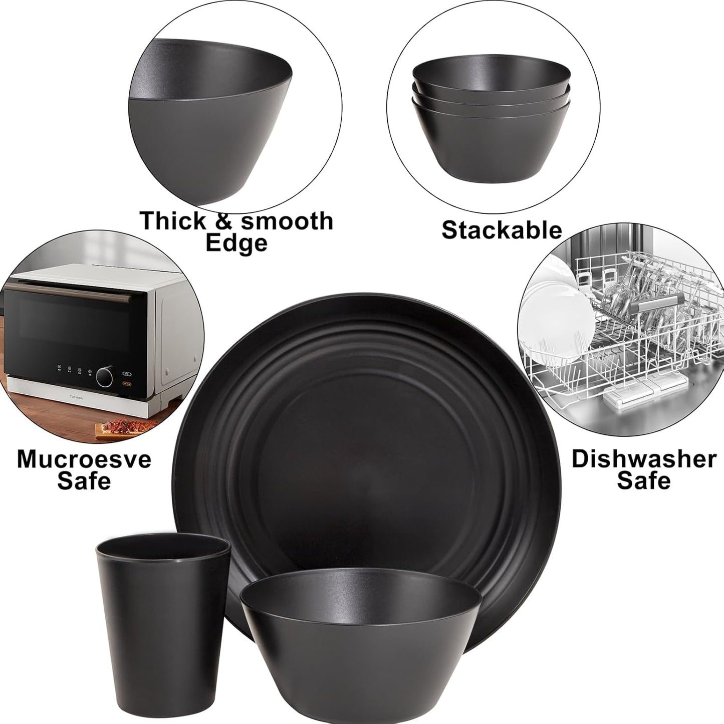 LIYH 48 Pcs Black Wheat Straw Plates and Bowls Dinnerware Set for 12, Camping Dish Set, Dishwasher Safe, Unbreakable Plastic Camper Dishes