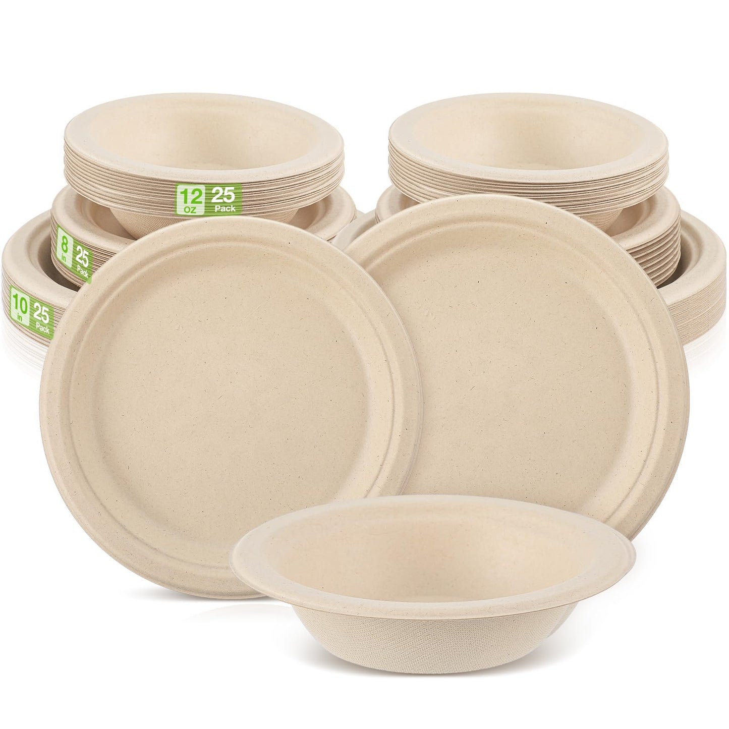 Havawish 150 Pcs Compostable Paper Plates and Bowls Set 7 Inch 9 Inch Disposable Plate 12oz Biodegradable Bowls for Party Dinner 50-person Bulk Party Supplies