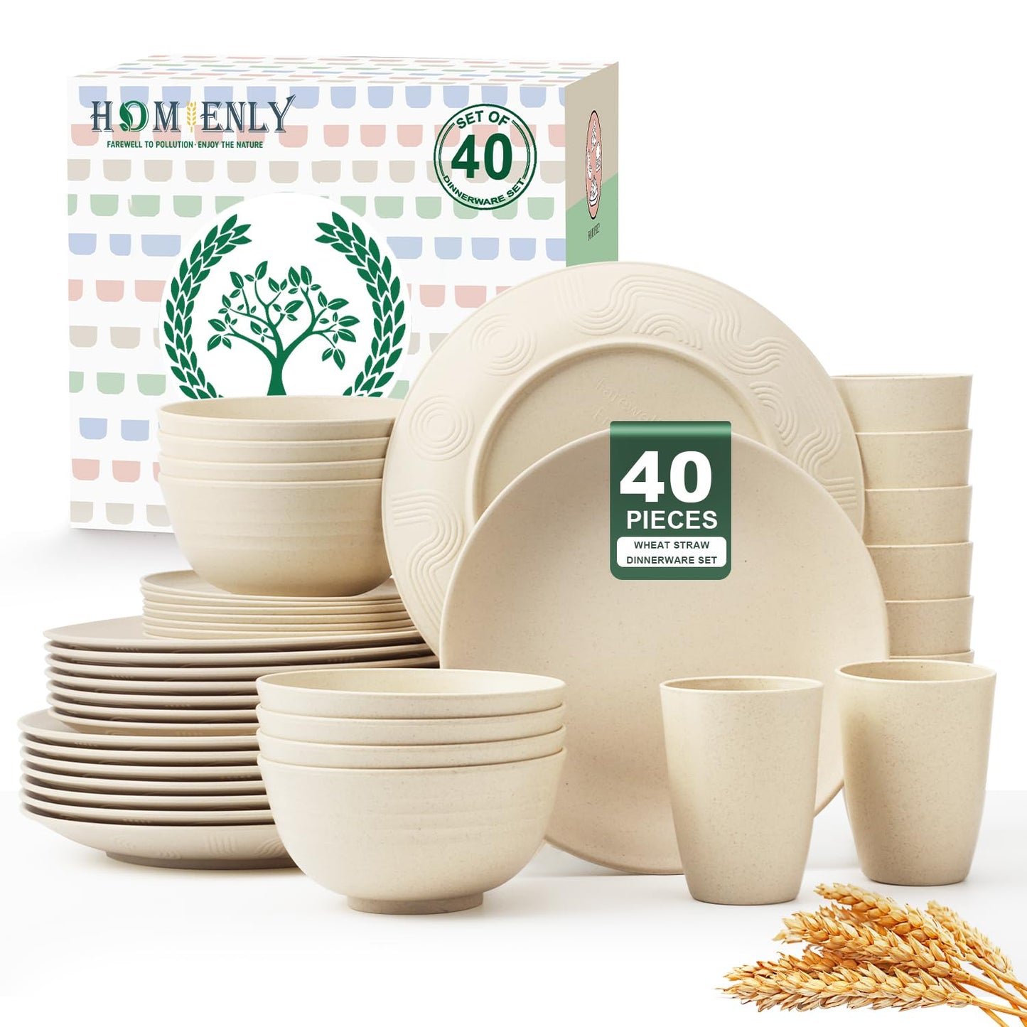 Homienly Kitchen Wheat Straw Dinnerware Set 40 PCS - Dinner Plates, Cereal Bowls, Wheat Straw Cups Set, Microwave and Dishwasher Safe Dishes Set, Unbreakable Dish Set for Party, Outdoor(Grey Stone)