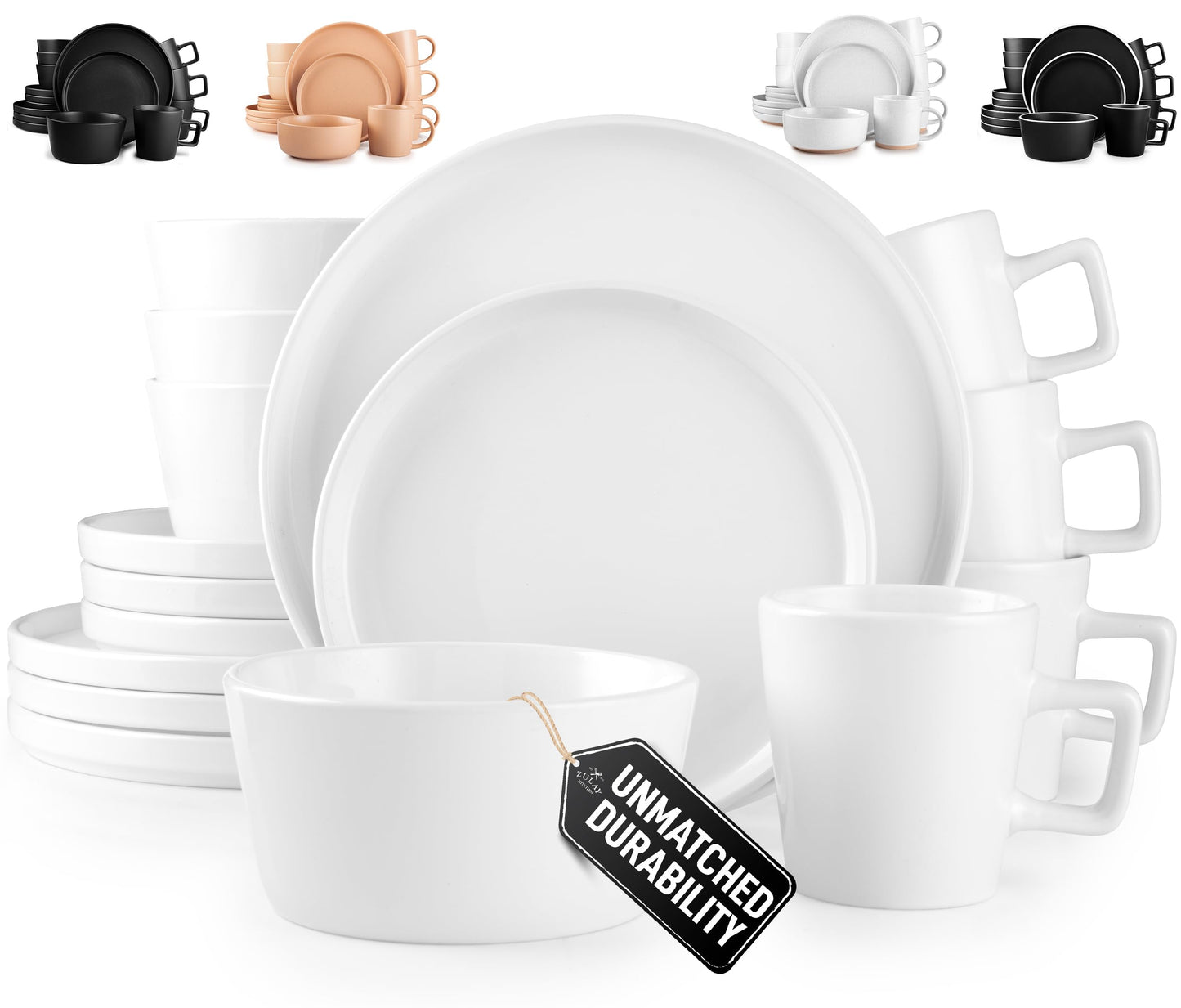 Zulay Kitchen Luna Plates and Bowls Sets, 16 Piece Modern Porcelain Dish Set for 4, Chip and Scratch Resistant Square Dinnerware Set, Microwave and Dishwasher Safe, Pearl White