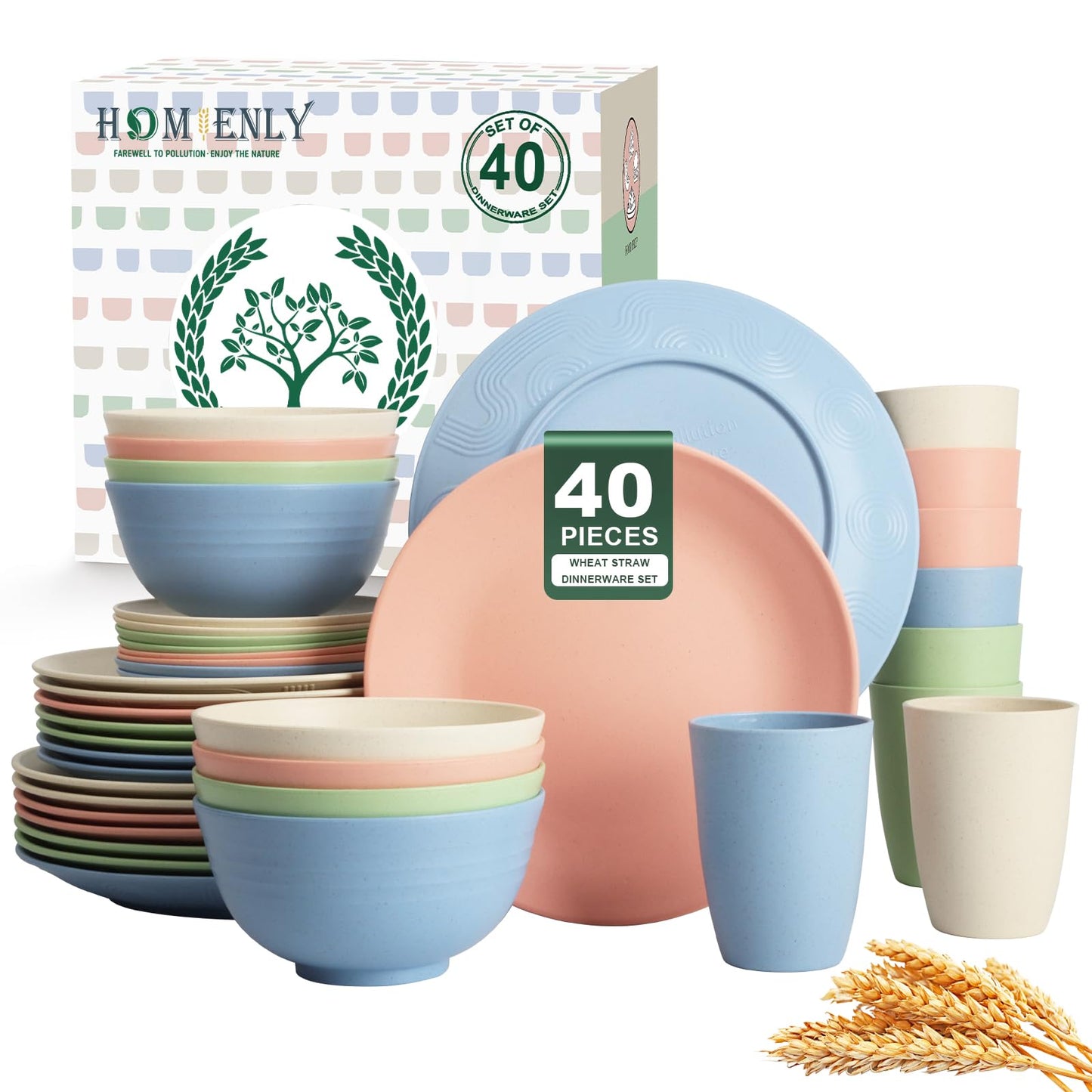 Homienly 40-Piece Premium Wheat Straw Dinnerware Sets, Service for 8, Unbreakable Plates and Bowls Set - Cups Sets, Dinner Plates, Bowls for Kitchen,Dishwasher and Microwave Safe Dishes Set - Multi