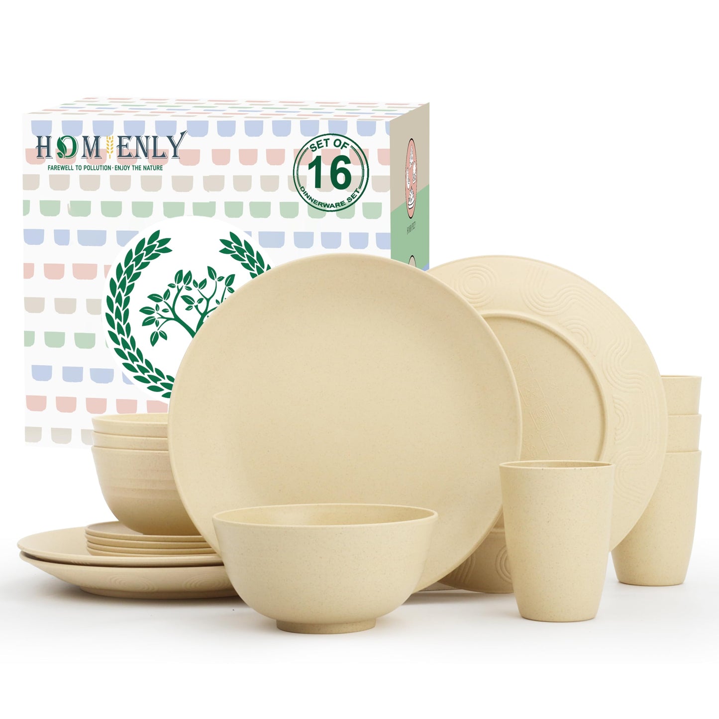 Homienly 40-Piece Premium Wheat Straw Dinnerware Sets, Service for 8, Unbreakable Plates and Bowls Set - Cups Sets, Dinner Plates, Bowls for Kitchen,Dishwasher and Microwave Safe Dishes Set - Multi