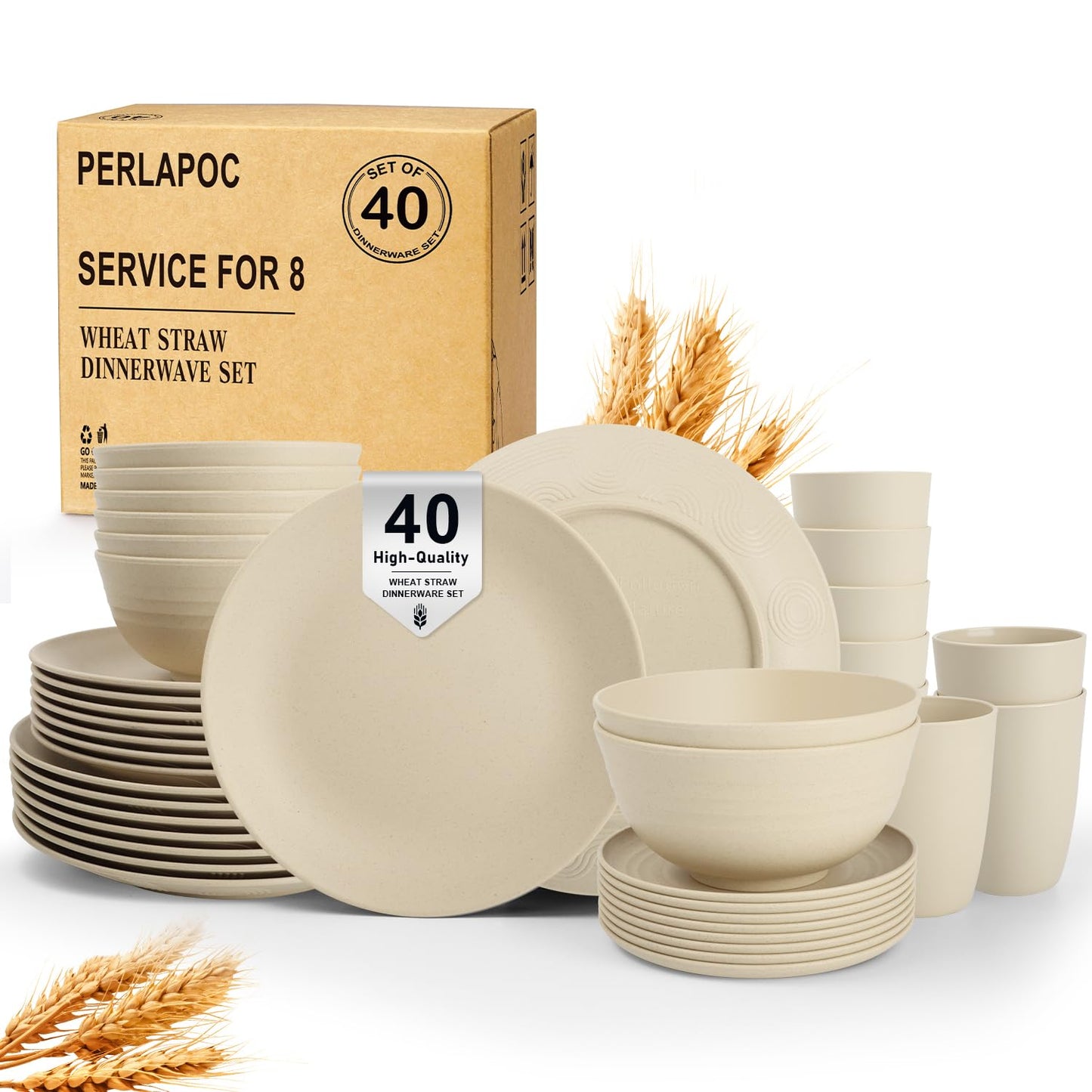 Wheat Straw Dinnerware Set 40 PCS - Service for 8 | Plates and Bowls Sets | Unbreakable Dishes Set - Dinner Plates, Dessert Plate, Cereal Bowls, Drinking Glasses, Dishwasher Safe - Multi