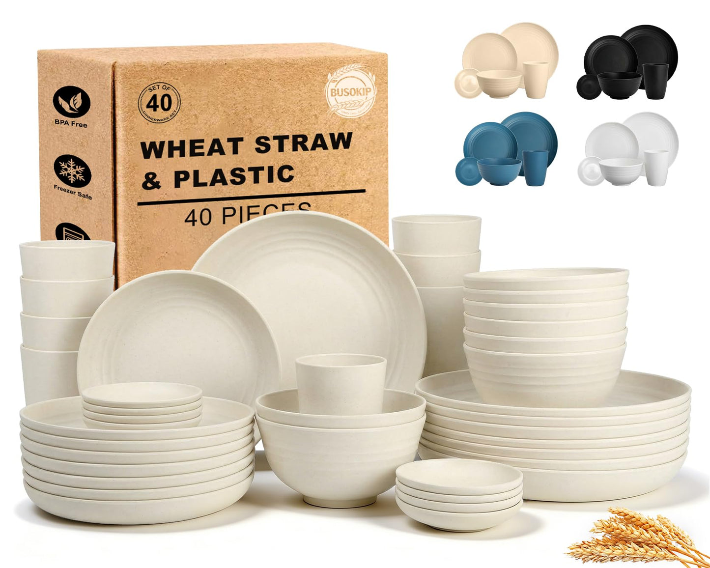 Wheat Straw Dinnerware Sets 40 Piece, Kitchen Plates and Bowls Set, Unbreakable Dishes Set for 8, Microwave and Dishwahser Safe Dishware Sets for Home, Camping, RV, Party - Multi