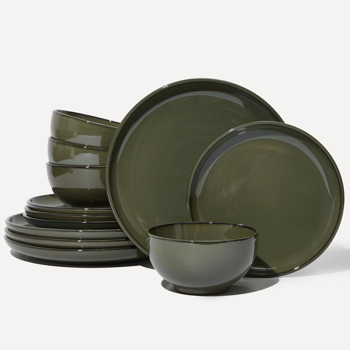 Pokini Stoneware Dinnerware Sets Service for 4, 12 pcs Reactive Glaze Plates and Bowls Sets, Handmade Ceramic Dish Set, Highly Chip and Crack Resistant Modern Plate Set, Brown Green