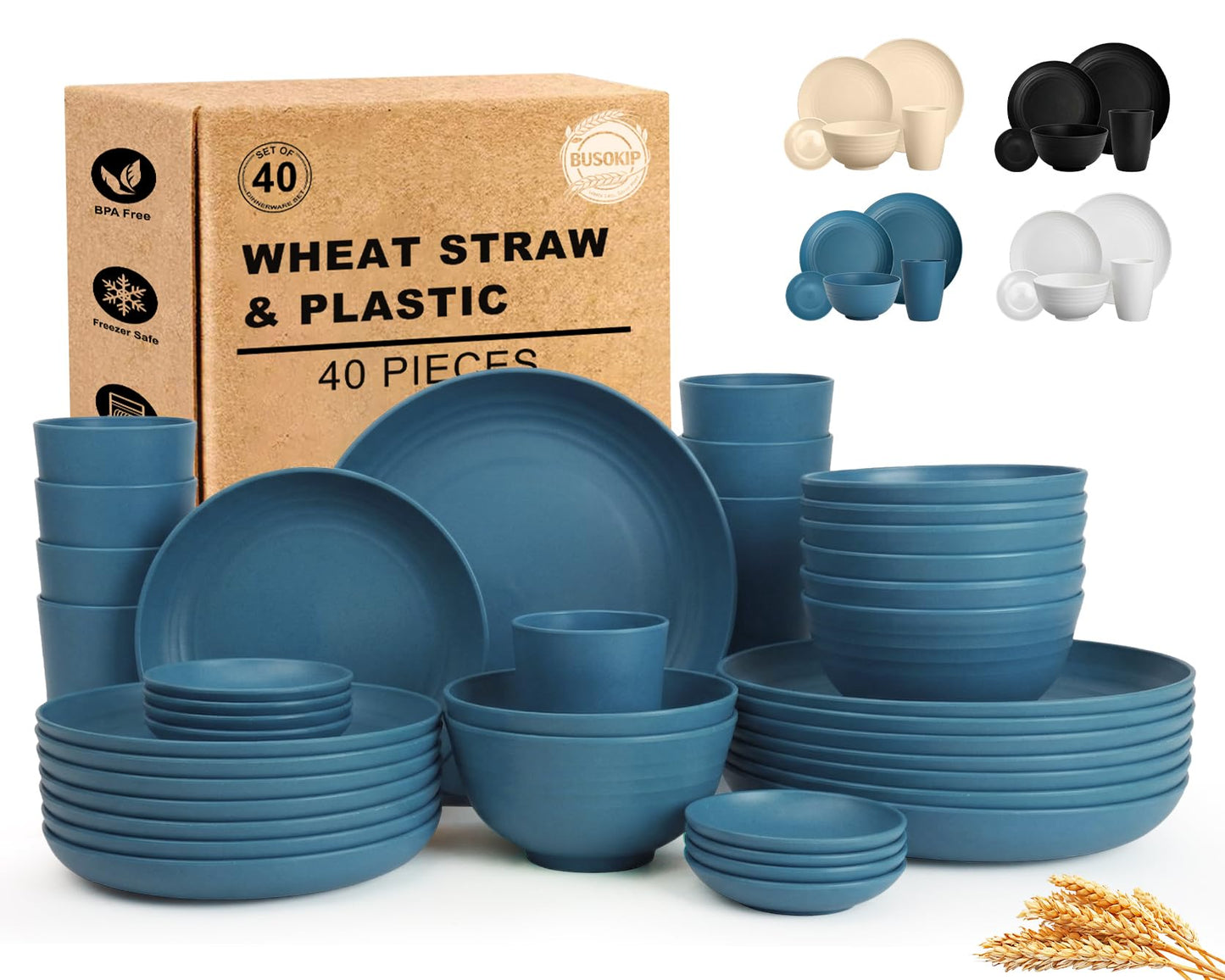Wheat Straw Dinnerware Sets 40 Piece, Kitchen Plates and Bowls Set, Unbreakable Dishes Set for 8, Microwave and Dishwahser Safe Dishware Sets for Home, Camping, RV, Party - Multi