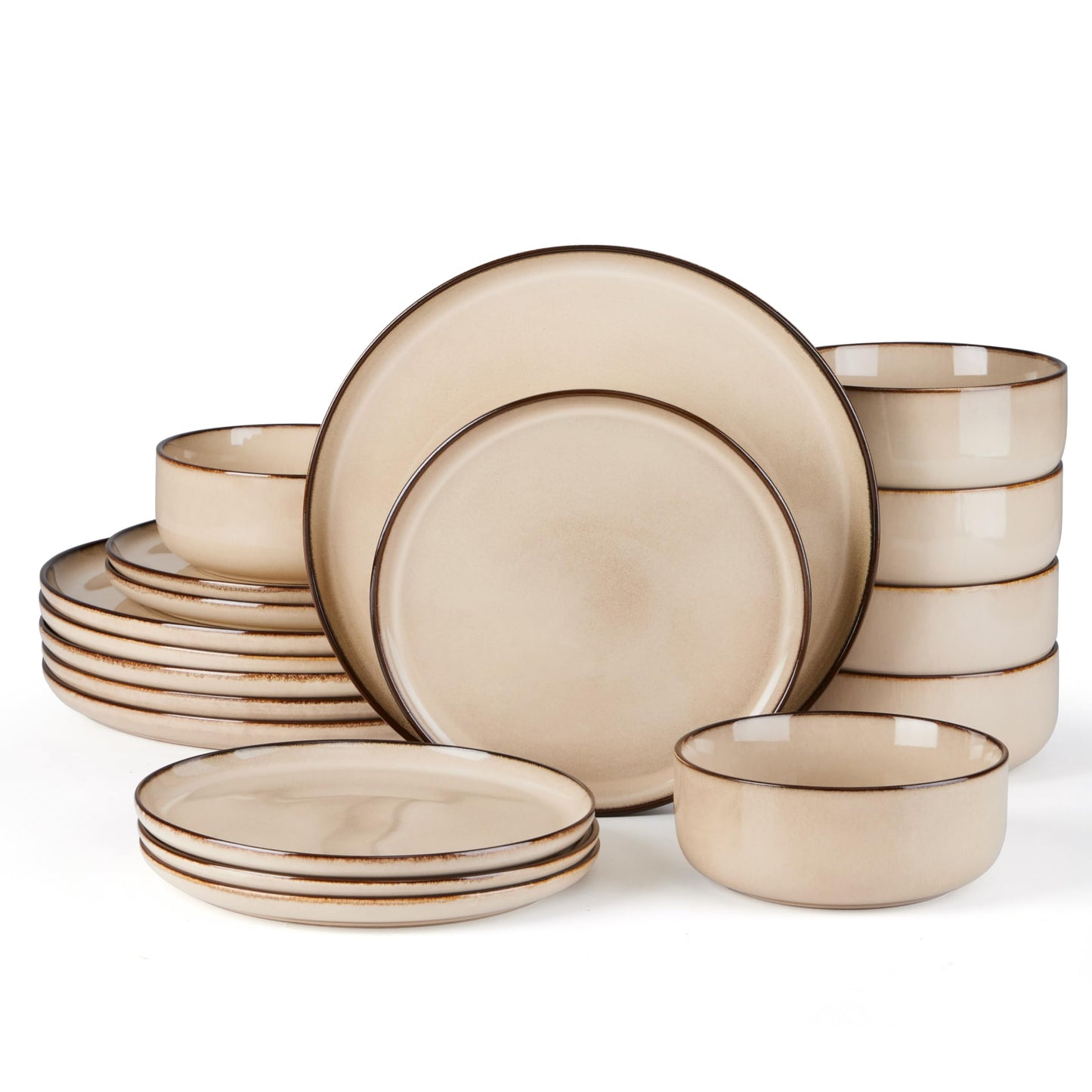 E-far 12-Piece Plates and Bowls Set, Stoneware Dinnerware Sets for 4, Reactive Glaze Ceramic Dinning Ware Dishes, Microwave & Dishwasher Safe - Sandy Beige