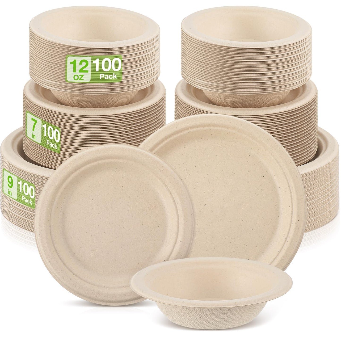 Havawish 150 Pcs Compostable Paper Plates and Bowls Set 7 Inch 9 Inch Disposable Plate 12oz Biodegradable Bowls for Party Dinner 50-person Bulk Party Supplies