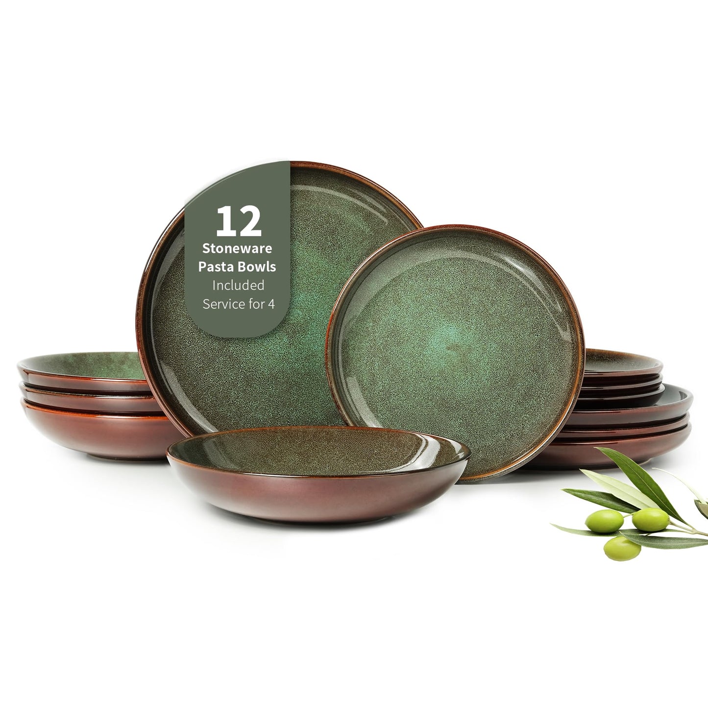 Pokini Stoneware Dinnerware Sets Service for 4, 12 pcs Reactive Glaze Plates and Bowls Sets, Handmade Ceramic Dish Set, Highly Chip and Crack Resistant Modern Plate Set, Brown Green