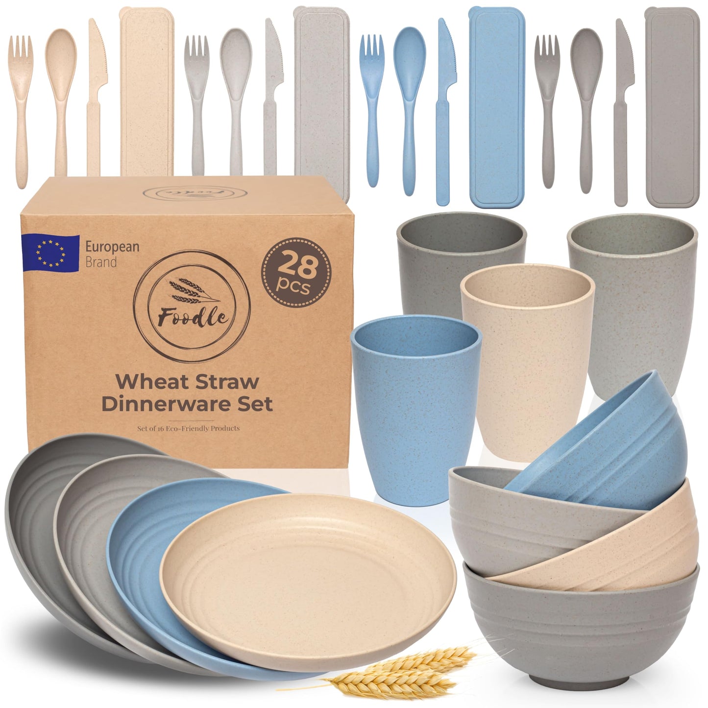 FOODLE Wheat Straw Dinnerware Set - BPA Free & Safety Tested - Dishwasher & Microwave Safe - Toddler & Kids Plates and Bowls Sets - Plastic Plates Reusable - Perfect for RV, Camping Dishes - For 4