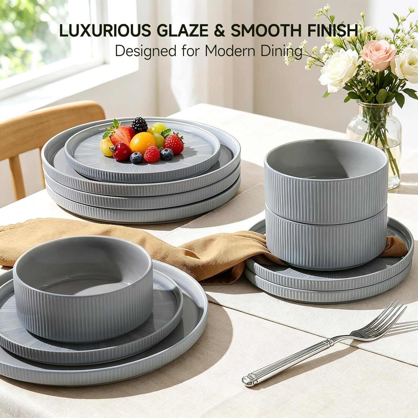 Dinnerware Sets for 4, Ceramic Plates and Bowls Set 12 Piece Dinnerware Chip Resistant Stoneware with Advanced Inkjet Printing Technology, Dishwasher and Microwave Safe-Dusty Blue