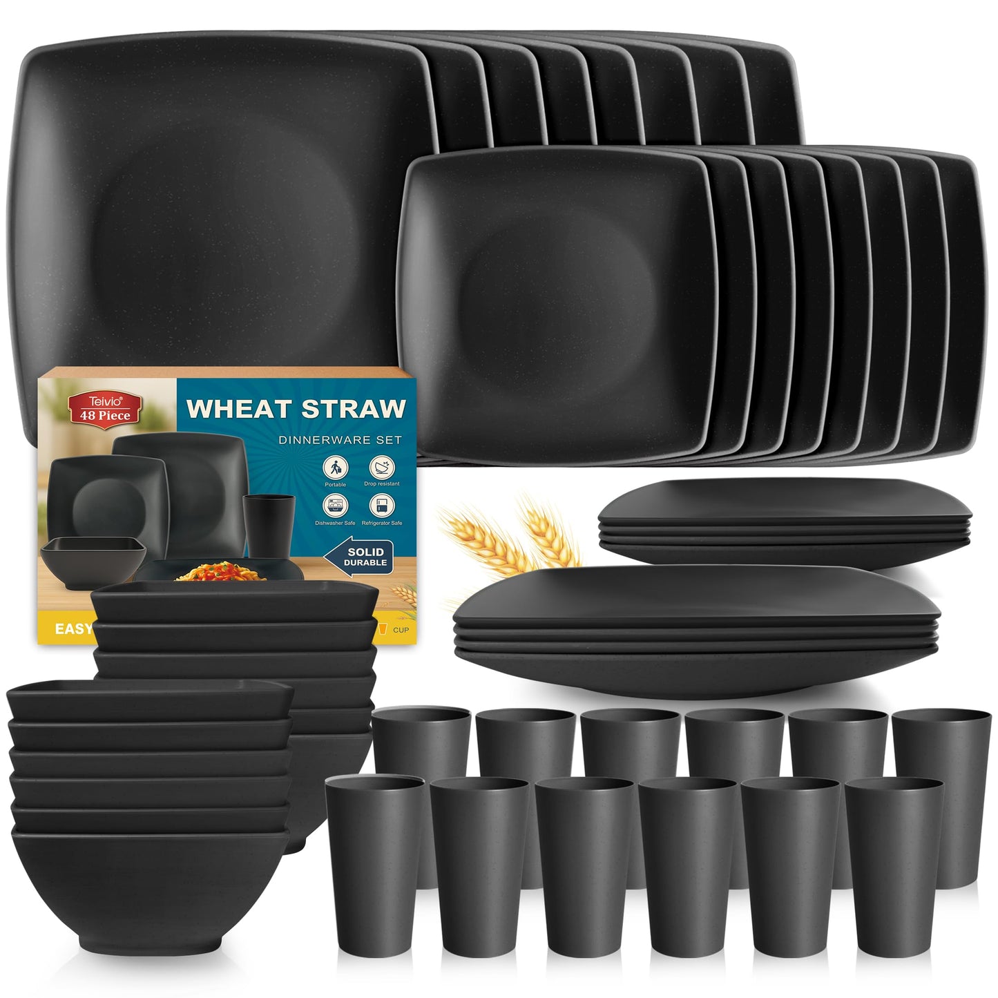 Teivio 48-piece Plastic Wheat Straw Square Dinnerware Set for 12, Unbreakable Dinner Plates, Salad Plates, Snack Bowls, Tumblers 13.5 oz, Dishwasher Safe Kitchen Outdoor Camping RV Dish, Black