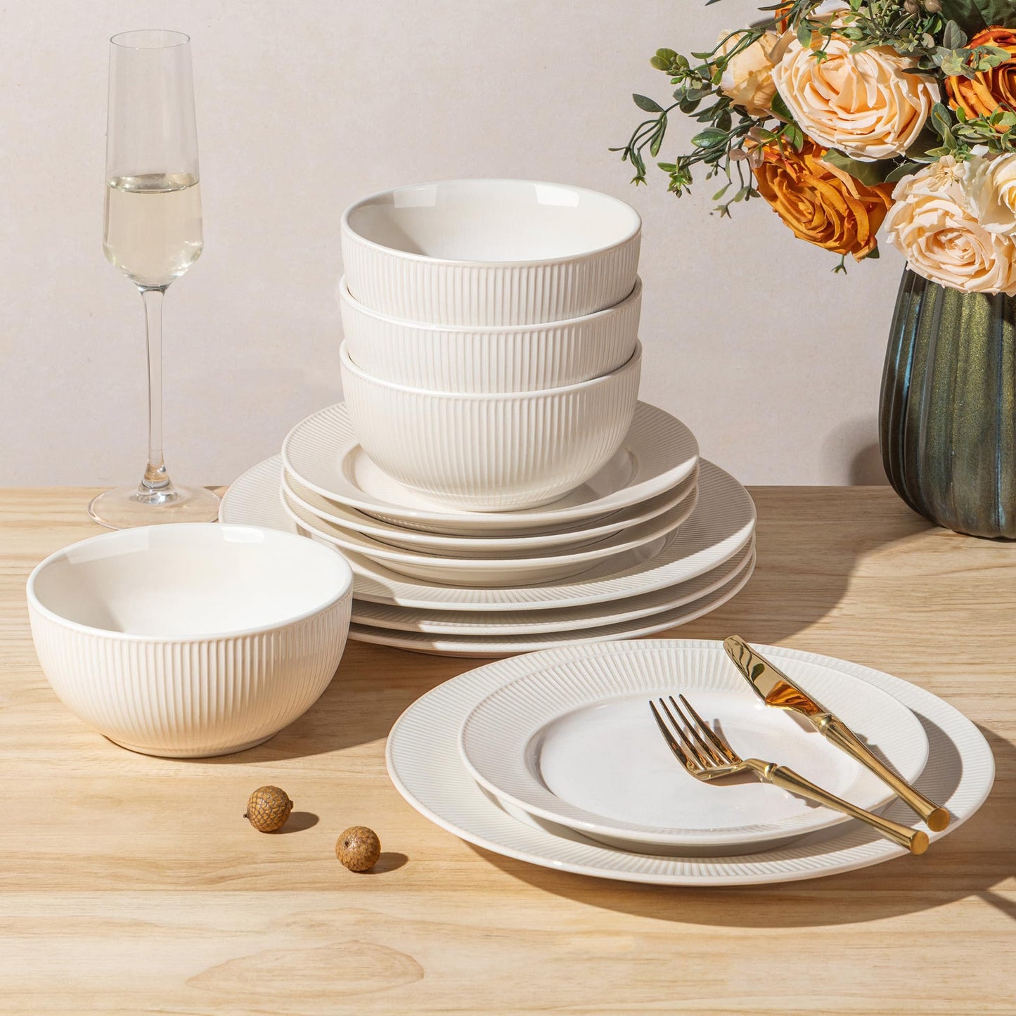TheTerra Ceramic Dinnerware Sets for 4, 12 Pieces Porcelain Lightweight Plates and Bowls Sets, Scratch Resistant Dish Set, Oven & Microwave & Dishwasher Safe, Beige