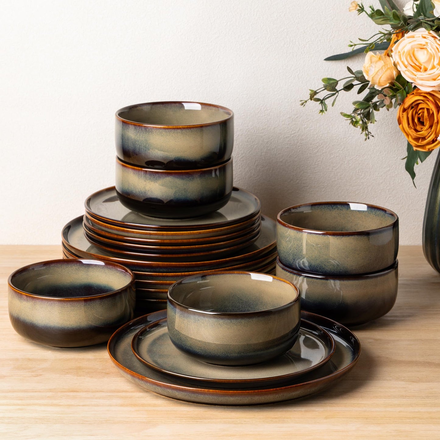 TheTerra Ceramic Dinnerware Sets for 4, 12 Pieces Handmade Reactive Glaze Plates and Bowls Set, Scratch Resistant Dish Set, Oven & Microwave & Dishwasher Safe