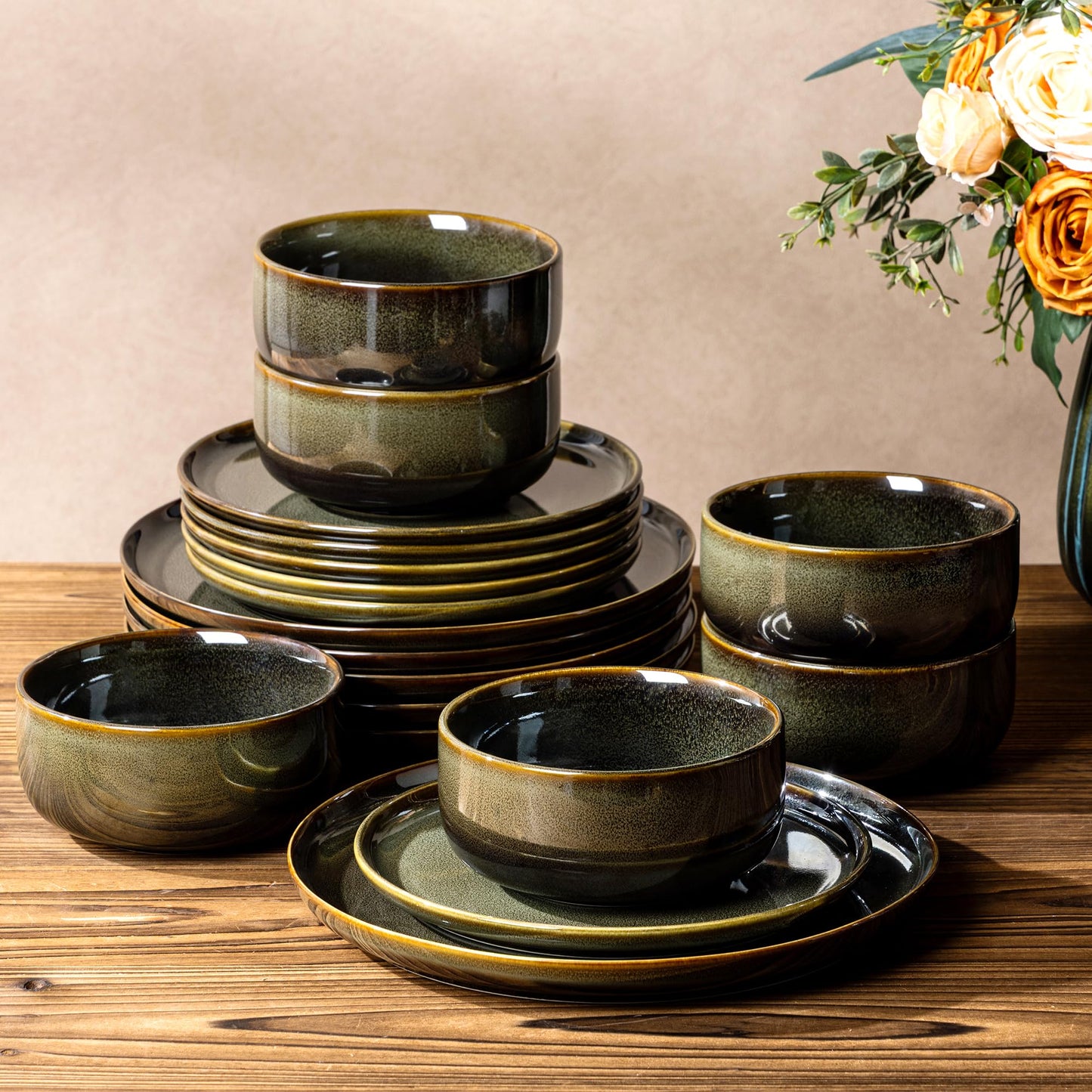 TheTerra Ceramic Dinnerware Sets for 4, 12 Pieces Handmade Reactive Glaze Plates and Bowls Set, Scratch Resistant Dish Set, Oven & Microwave & Dishwasher Safe