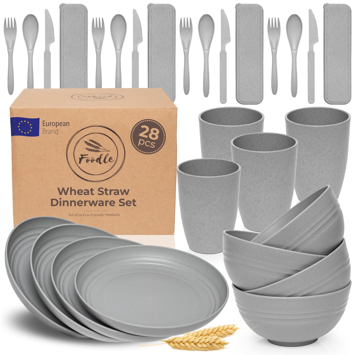 FOODLE Wheat Straw Dinnerware Set - BPA Free & Safety Tested - Dishwasher & Microwave Safe - Toddler & Kids Plates and Bowls Sets - Plastic Plates Reusable - Perfect for RV, Camping Dishes - For 4