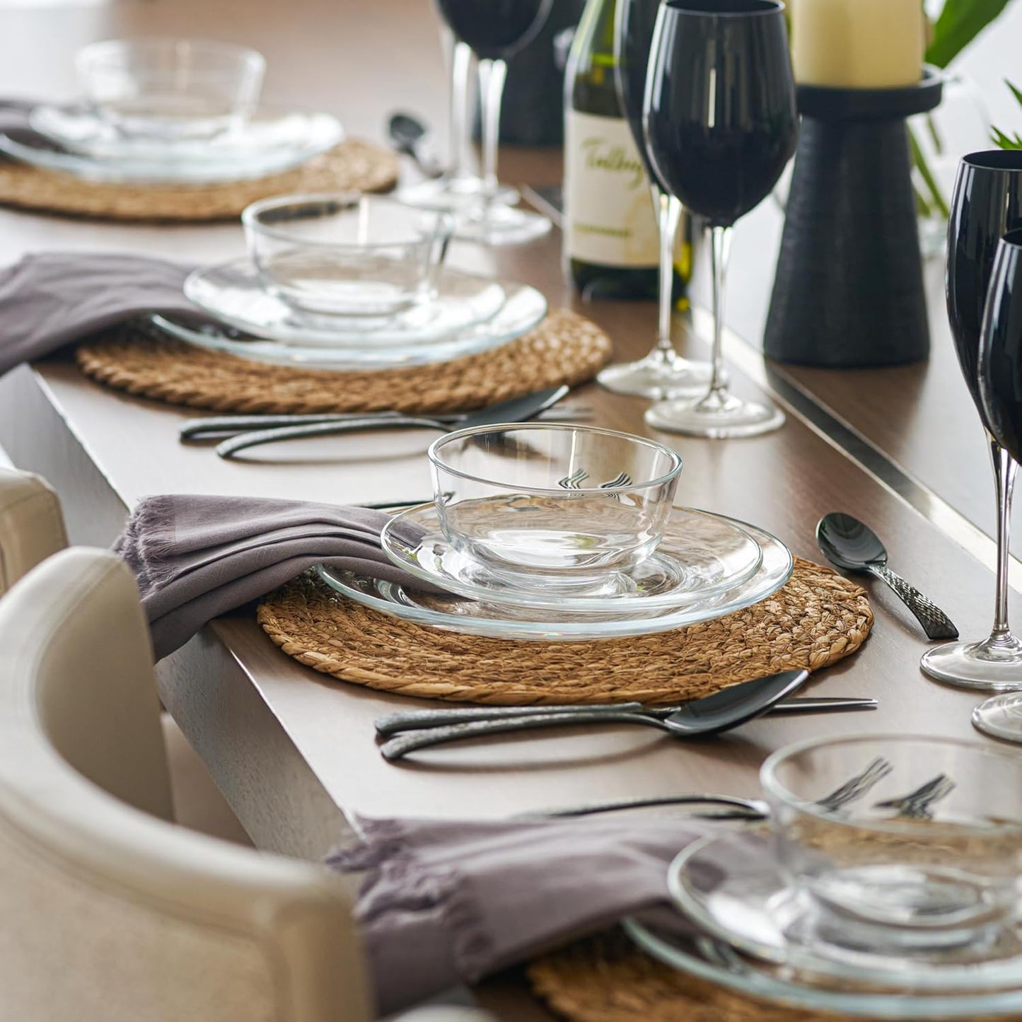 12pc Glass Dinnerware Set - Sleek Round Clear Glass Plate and Bowl Sets - Dishwasher Safe, Bread & Butter Dinner, Dessert, Salad Plates & Serving Cereal Soup Bowls Dishes for Kitchen Dining & Parties