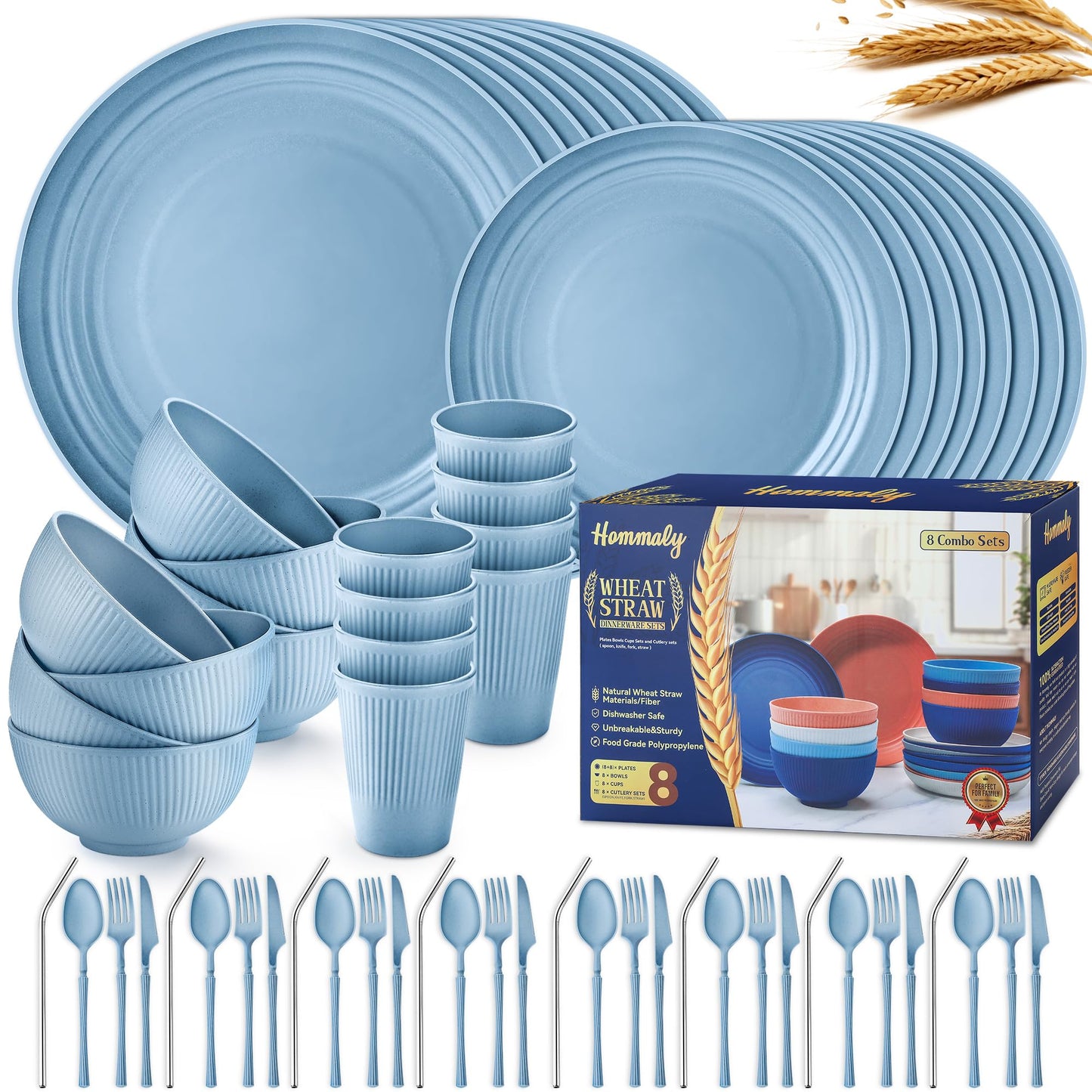 Wheat Straw Dinnerware Sets,64-Piece Beige Plates and Bowls Sets for 8-Unbreakable,Reusable Plastic Dish Set-Dinner Plate/Dessert Plate/Cereal Bowl/Cup/Utensils-Microwavable Dishwasher Safe 64P-Beige