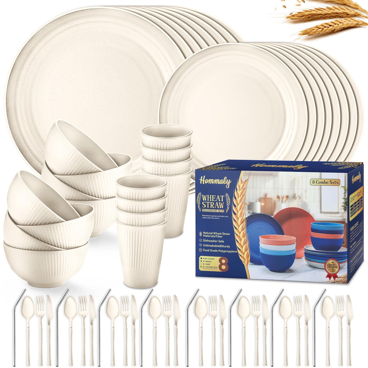 Wheat Straw Dinnerware Sets,64-Piece Plates and Bowls Sets for 8-Unbreakable,Reusable Plastic Dish Set-Dinner Plate/Dessert Plate/Cereal Bowl/Cup/Utensils-Dishwasher Safe 64P-JadePeak Lake Sunset