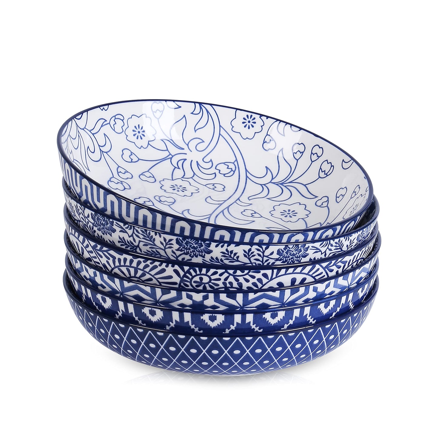 Selamica Porcelain 26 Ounce Pasta Bowls Set of 6, 8 inch Wide and Shallow Salad Bowls, Serving Bowls, Microwave & Dishwasher Safe, Sturdy & Stackable, Variety of Colors