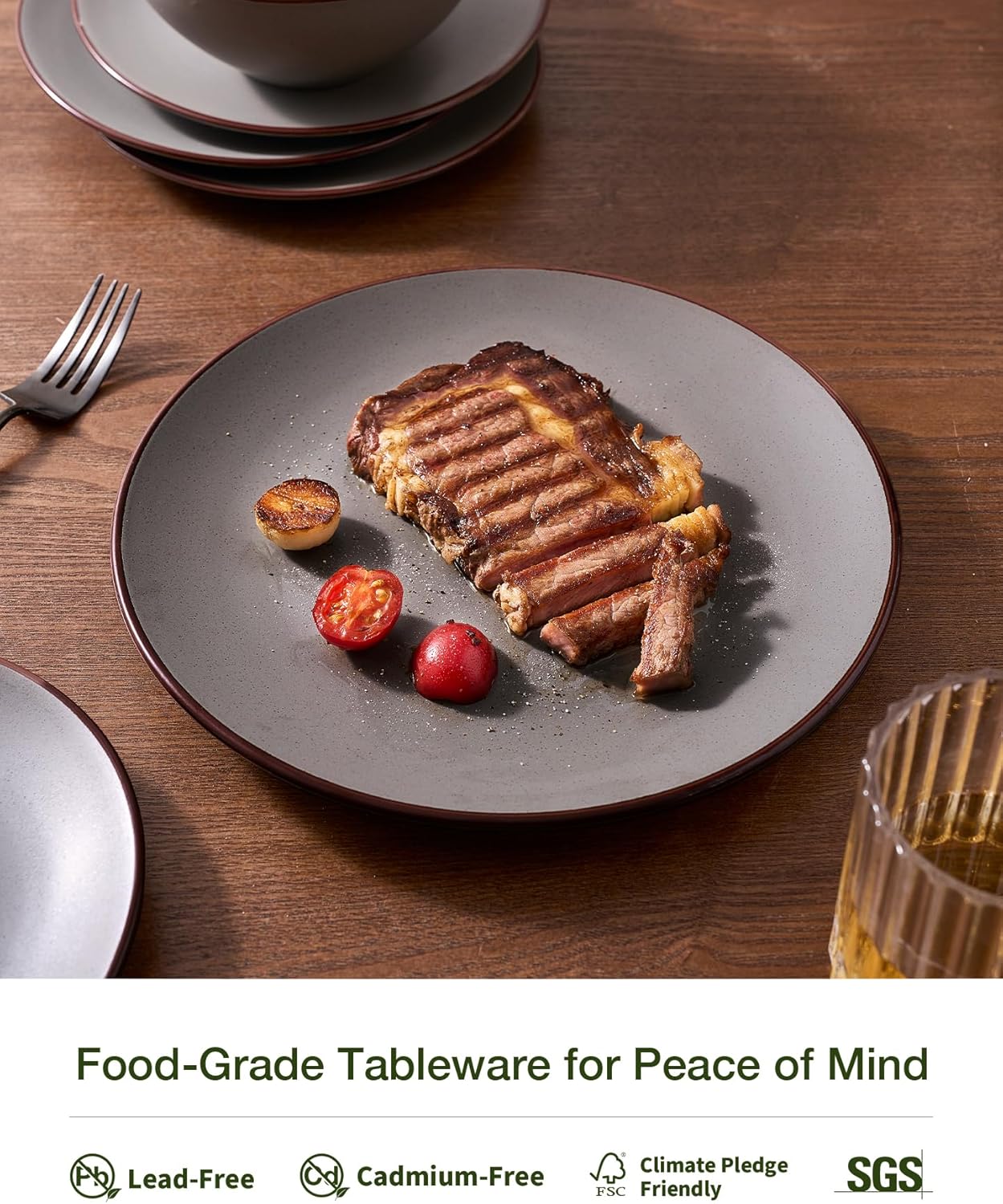 Famiware Venus Plates and Bowls Sets with Trim, 12 Pieces Speckled Stoneware Dishes Dinnerware Set for 4, Matte Dark Gray - Microwave & Dishwasher Safe, Modern Minimalist, Everyday & Formal Dining