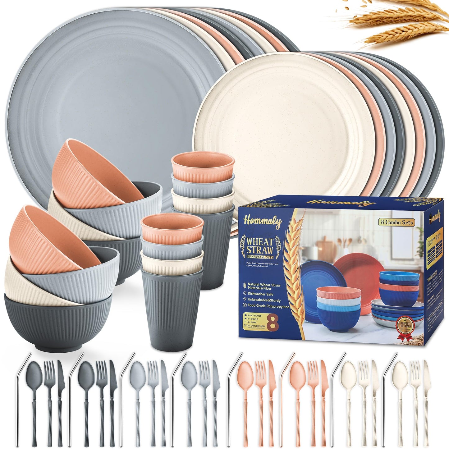 Wheat Straw Dinnerware Sets,64-Piece Beige Plates and Bowls Sets for 8-Unbreakable,Reusable Plastic Dish Set-Dinner Plate/Dessert Plate/Cereal Bowl/Cup/Utensils-Microwavable Dishwasher Safe 64P-Beige