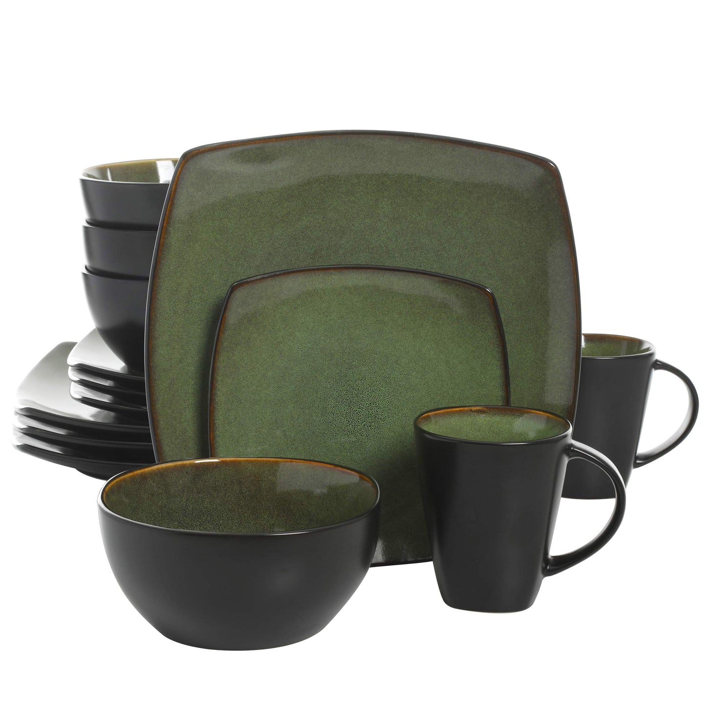 Gibson Elite Soho Lounge Square 16-Piece Dinnerware Set, Service for 4, Reactive Glaze Stoneware Plates and Bowls, Modern Dishes, Microwave & Dishwasher Safe – Red and Black