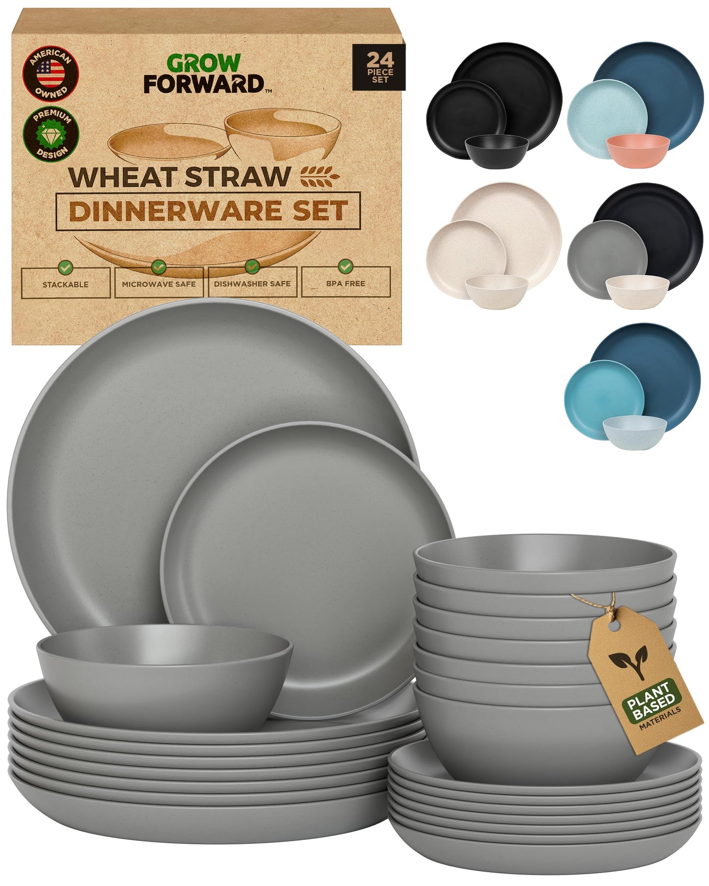 Grow Forward 24-piece Premium Wheat Straw Dinnerware Sets for 8 - Unbreakable Dishwasher & Microwave Safe Plastic Plates and Bowls Sets - Patio, Outdoors, RV, Camping Dishes - Sahara