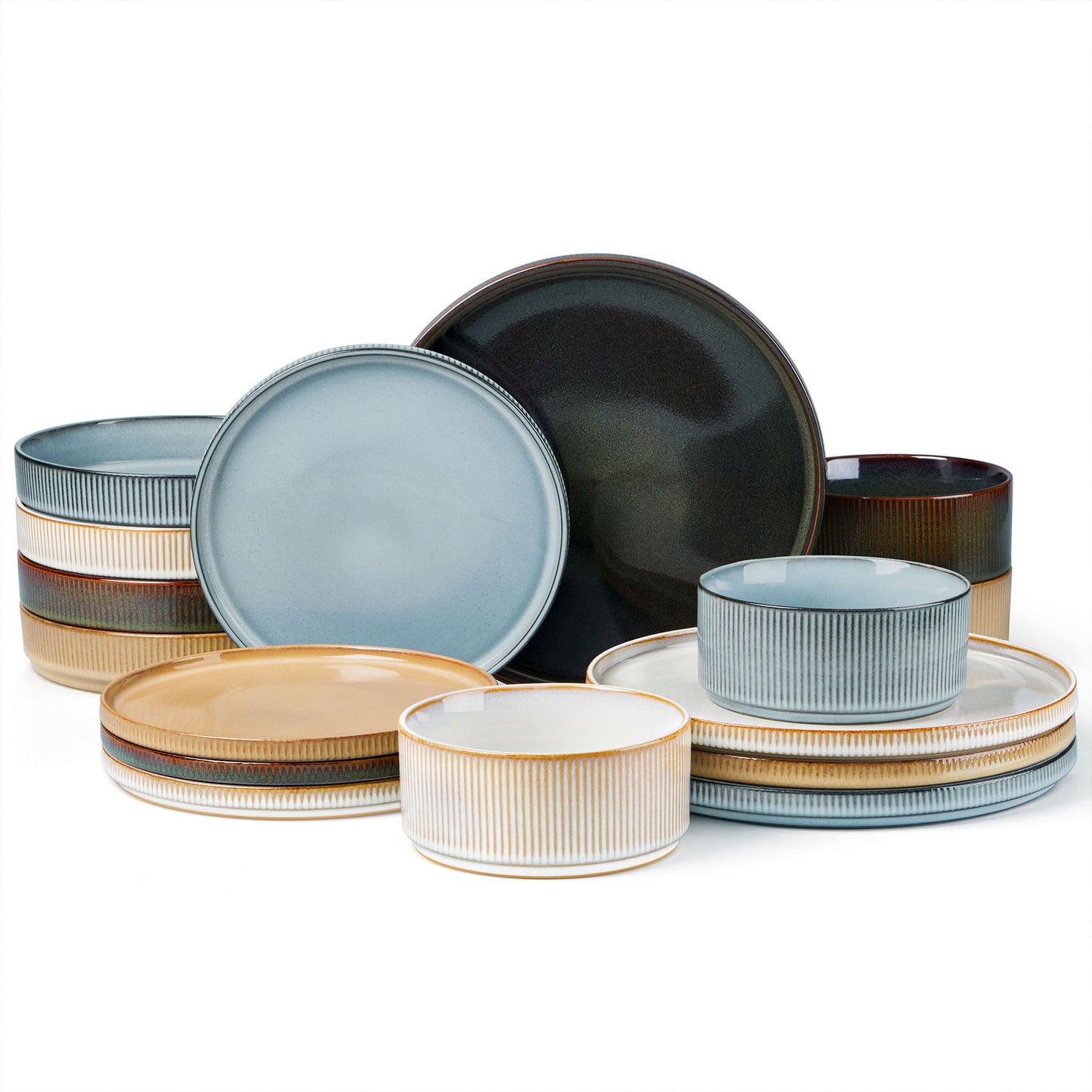 LIANYU 12 Piece Porcelain Dinnerware Sets for 4, Ceramic Durable Plates and Bowls, Chip and Scratch Resistant Dishware Dishes Set, Dishwasher & Microwave Safe Stoneware Set, Black Onyx