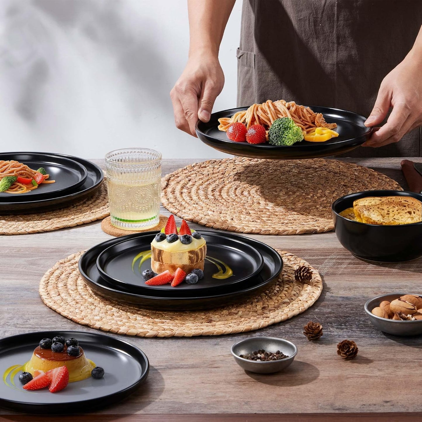 LIANYU 12 Piece Porcelain Dinnerware Sets for 4, Ceramic Durable Plates and Bowls, Chip and Scratch Resistant Dishware Dishes Set, Dishwasher & Microwave Safe Stoneware Set, Black Onyx