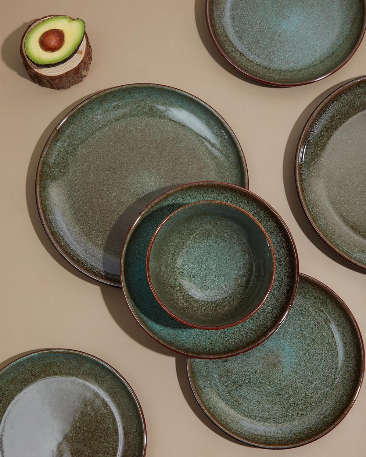 Pokini 8.75 Inch Large Ceramic Pasta Bowls, 32 Oz Reactive Glaze Stoneware Pasta Serving Bowls Set of 4 for Kitchen, Wide Bowls for Fruit,Pasta,Salad,Soup, Scratch Resistant-Brown and Green