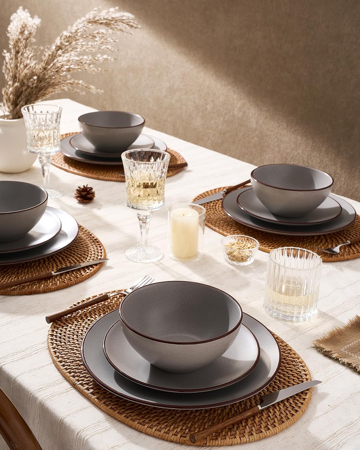 Famiware Venus Plates and Bowls Sets with Trim, 12 Pieces Speckled Stoneware Dishes Dinnerware Set for 4, Matte Dark Gray - Microwave & Dishwasher Safe, Modern Minimalist, Everyday & Formal Dining