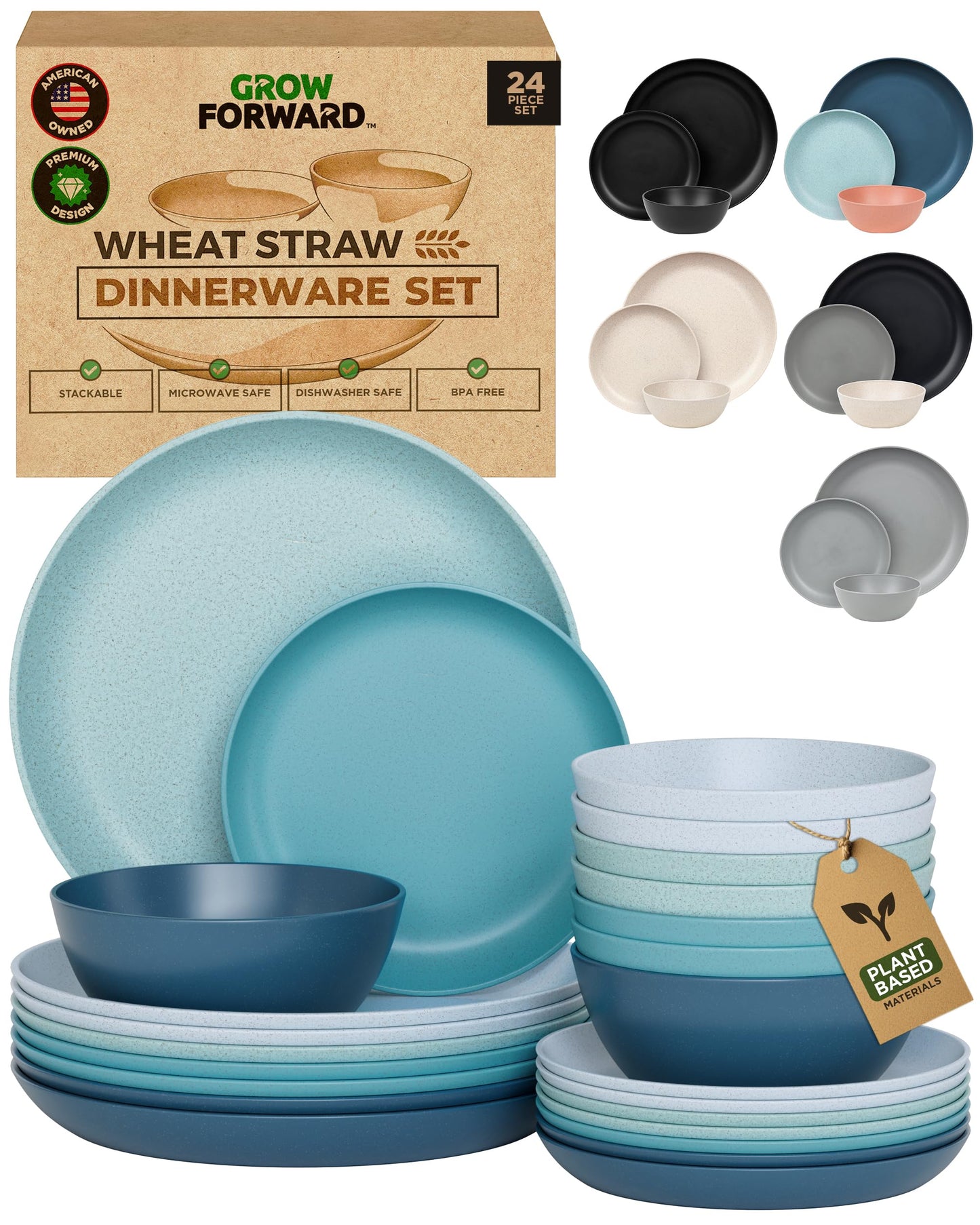 Grow Forward 24-piece Premium Wheat Straw Dinnerware Sets for 8 - Unbreakable Dishwasher & Microwave Safe Plastic Plates and Bowls Sets - Patio, Outdoors, RV, Camping Dishes - Sahara