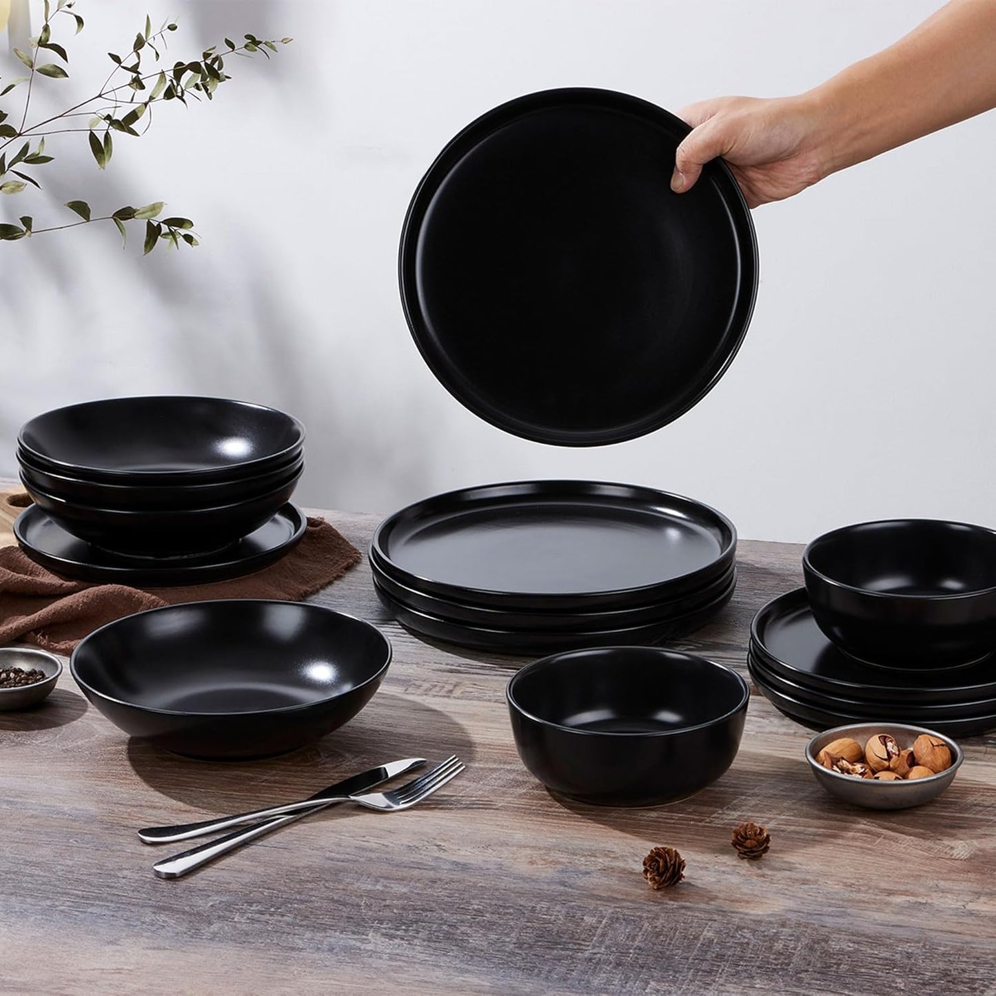 LIANYU 12 Piece Porcelain Dinnerware Sets for 4, Ceramic Durable Plates and Bowls, Chip and Scratch Resistant Dishware Dishes Set, Dishwasher & Microwave Safe Stoneware Set, Black Onyx
