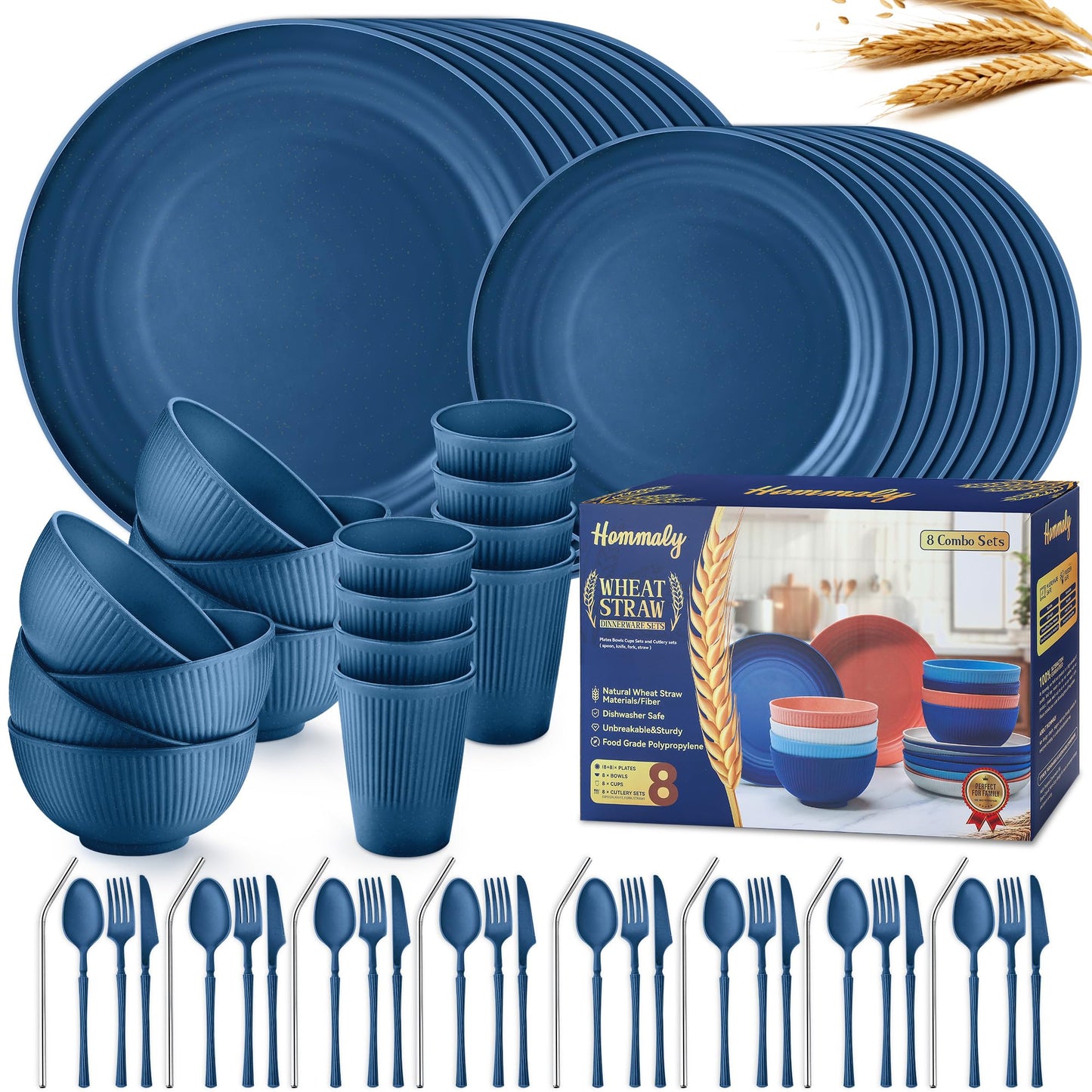 Wheat Straw Dinnerware Sets,64-Piece Beige Plates and Bowls Sets for 8-Unbreakable,Reusable Plastic Dish Set-Dinner Plate/Dessert Plate/Cereal Bowl/Cup/Utensils-Microwavable Dishwasher Safe 64P-Beige
