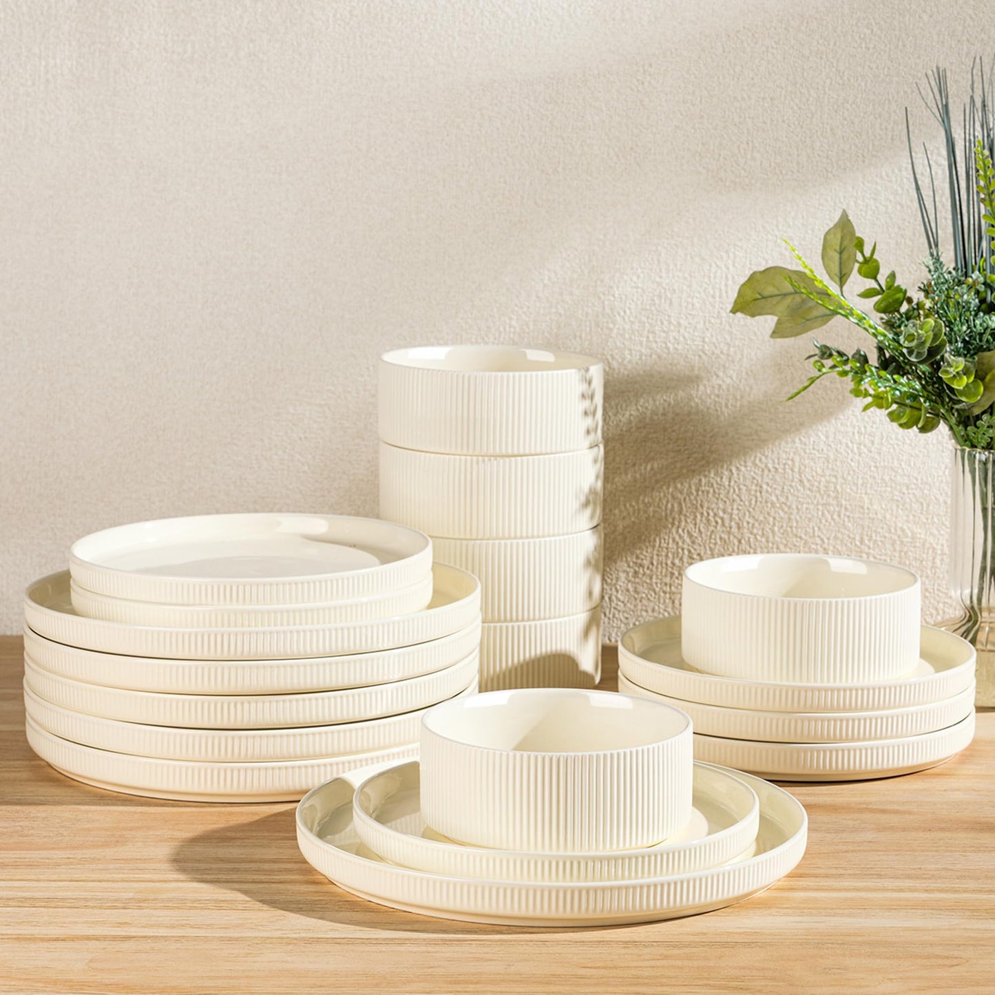 TheTerra Ceramic Dinnerware Sets for 4, 12 Pieces Porcelain Lightweight Plates and Bowls Sets, Scratch Resistant Dish Set, Oven & Microwave & Dishwasher Safe, Beige
