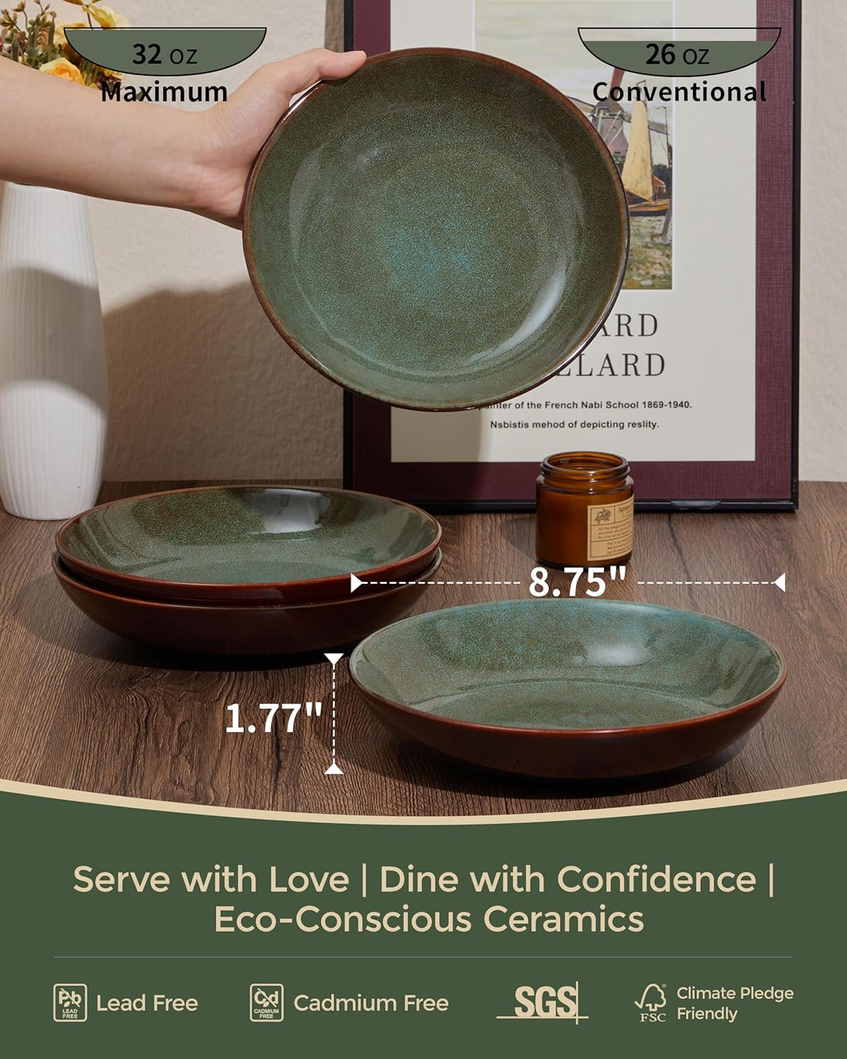 Pokini 8.75 Inch Large Ceramic Pasta Bowls, 32 Oz Reactive Glaze Stoneware Pasta Serving Bowls Set of 4 for Kitchen, Wide Bowls for Fruit,Pasta,Salad,Soup, Scratch Resistant-Brown and Green