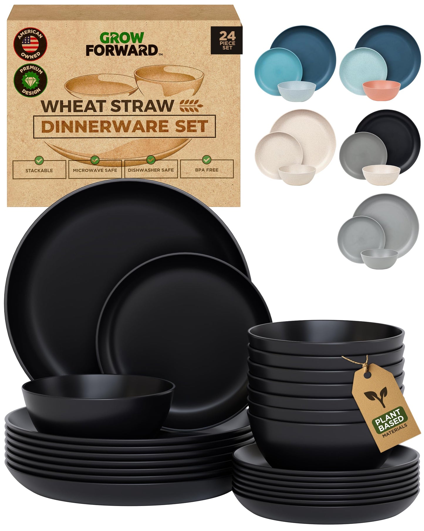 Grow Forward 24-piece Premium Wheat Straw Dinnerware Sets for 8 - Unbreakable Dishwasher & Microwave Safe Plastic Plates and Bowls Sets - Patio, Outdoors, RV, Camping Dishes - Sahara