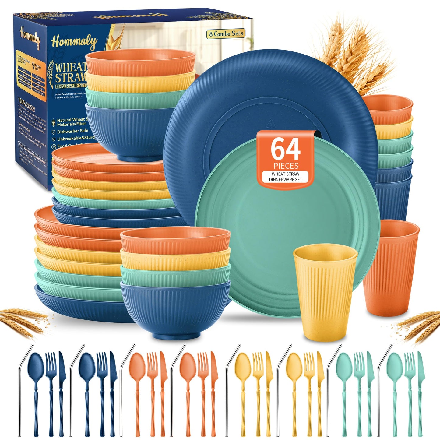 Wheat Straw Dinnerware Sets,64-Piece Beige Plates and Bowls Sets for 8-Unbreakable,Reusable Plastic Dish Set-Dinner Plate/Dessert Plate/Cereal Bowl/Cup/Utensils-Microwavable Dishwasher Safe 64P-Beige