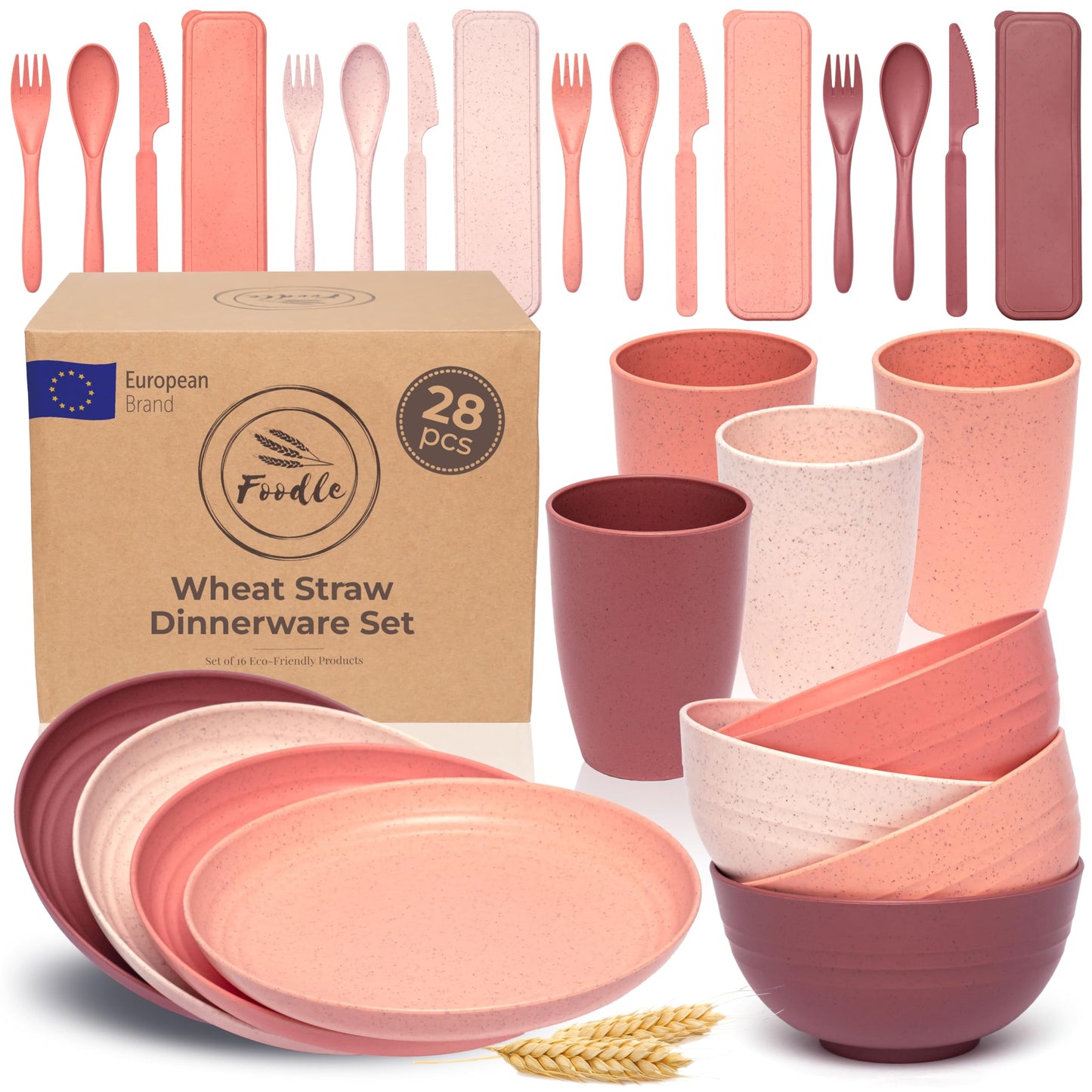 FOODLE Wheat Straw Dinnerware Set - BPA Free & Safety Tested - Dishwasher & Microwave Safe - Toddler & Kids Plates and Bowls Sets - Plastic Plates Reusable - Perfect for RV, Camping Dishes - For 4