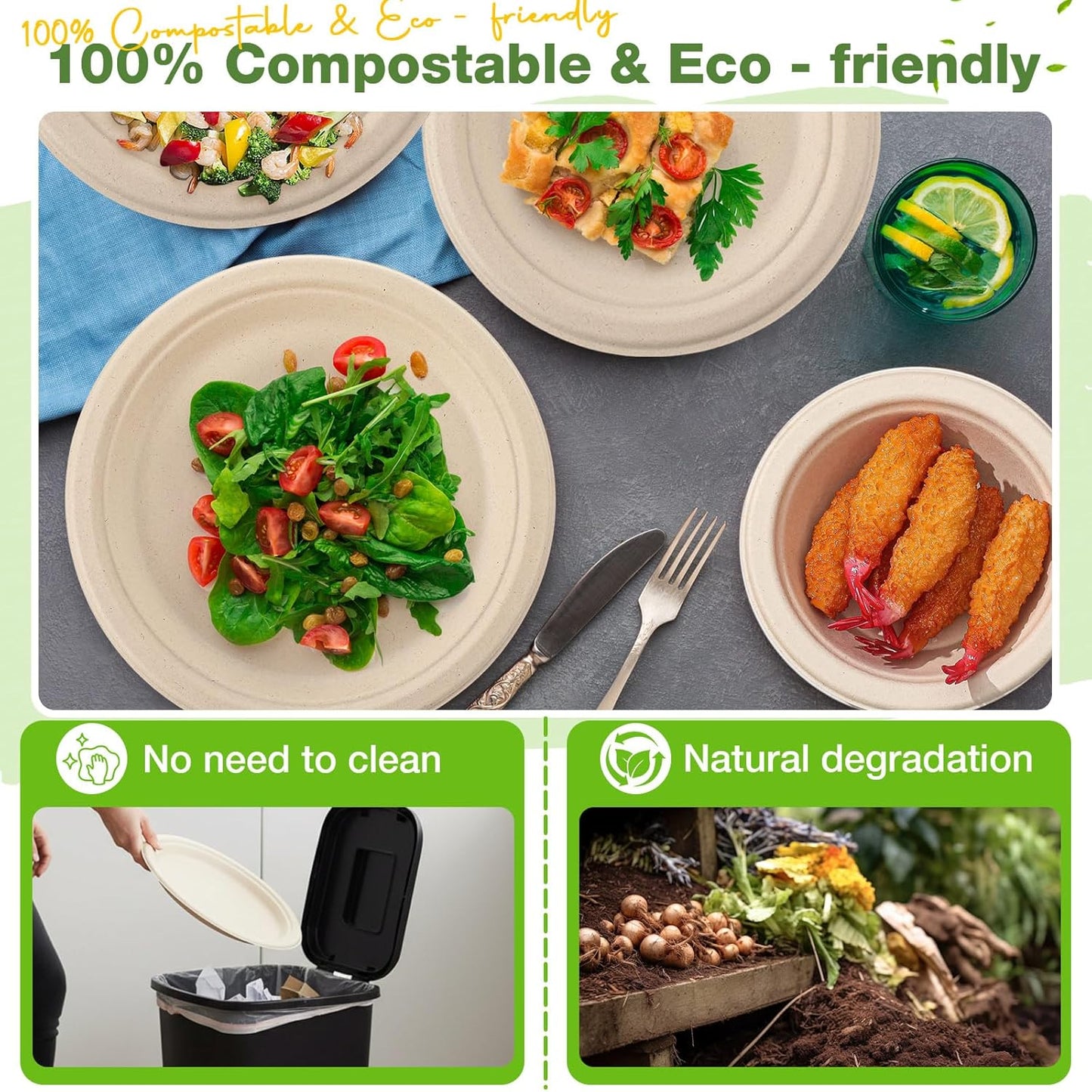 Havawish 150 Pcs Compostable Paper Plates and Bowls Set 7 Inch 9 Inch Disposable Plate 12oz Biodegradable Bowls for Party Dinner 50-person Bulk Party Supplies
